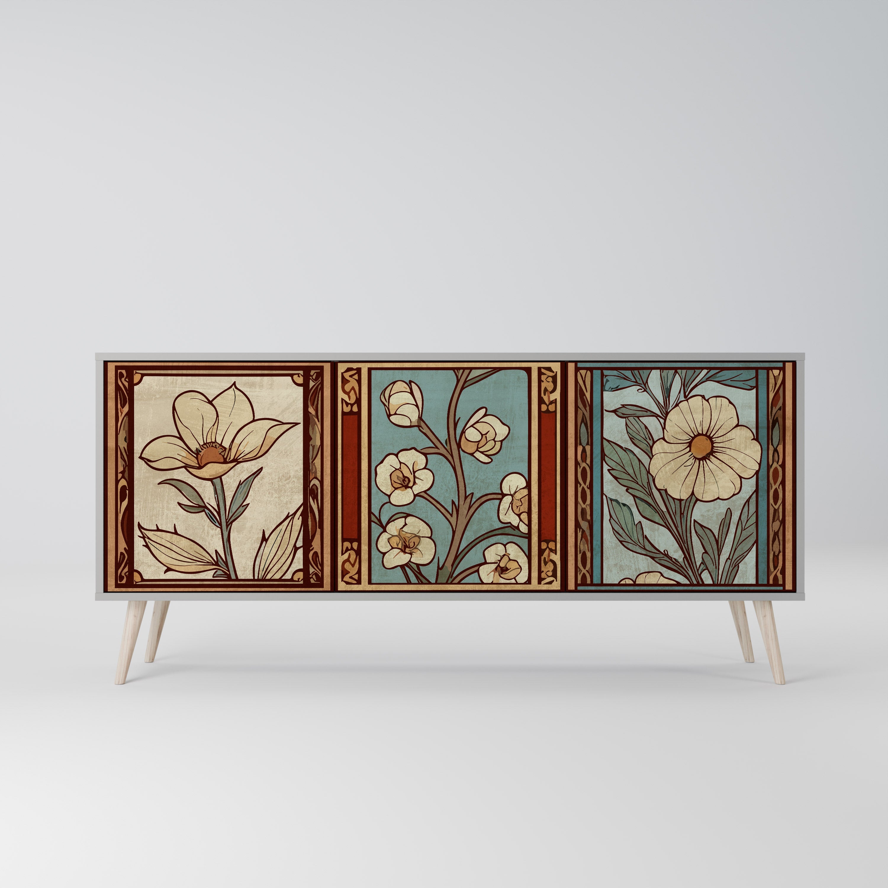 TIMELESS FLORA Τρίθυρο Μπουφές σε Γκρι Φινίρισμα