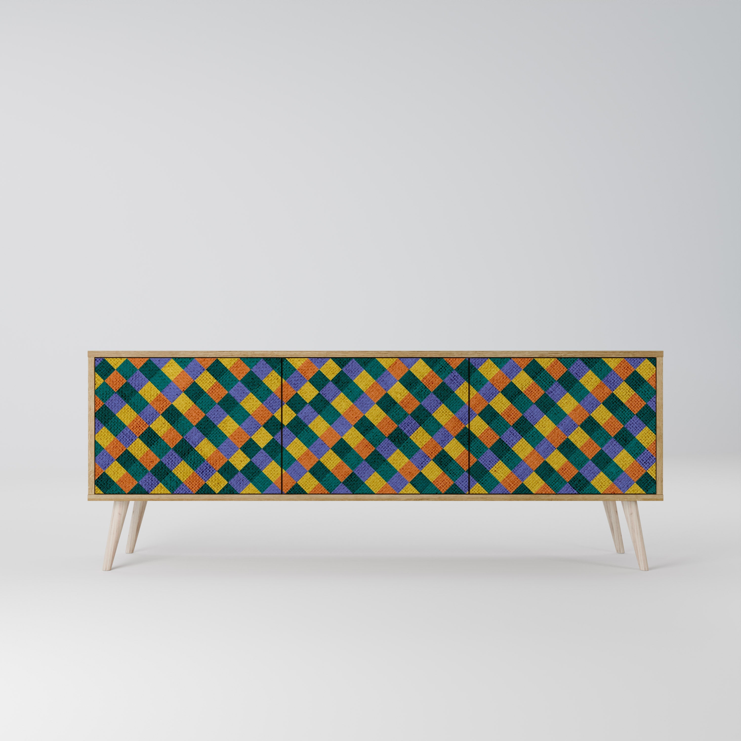 Βάση τηλεόρασης PAINTED SQUARES MIX με 3 πόρτες σε εφέ δρυός