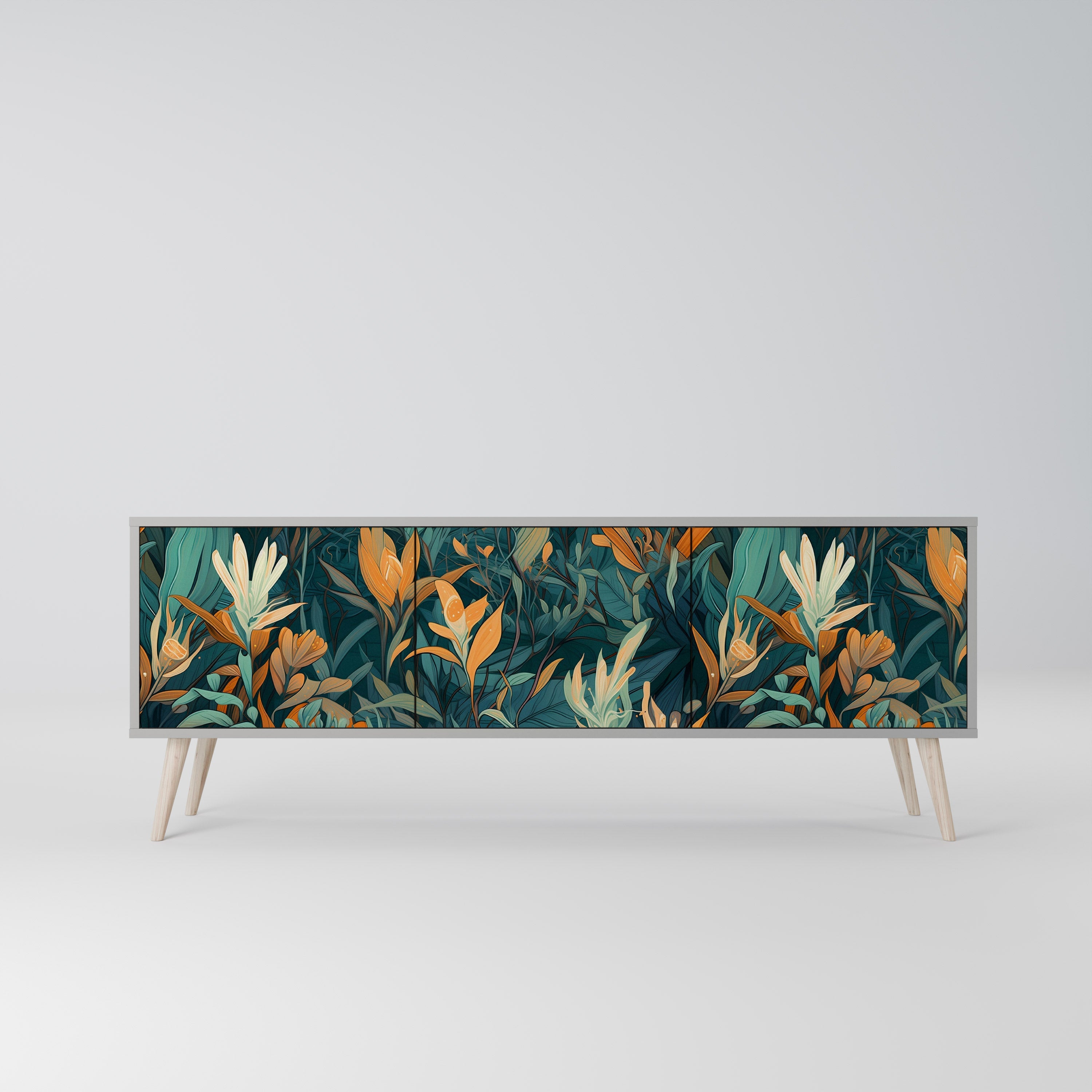 FLORAL SERENITY 3θυρο έπιπλο τηλεόρασης σε γκρι φινίρισμα