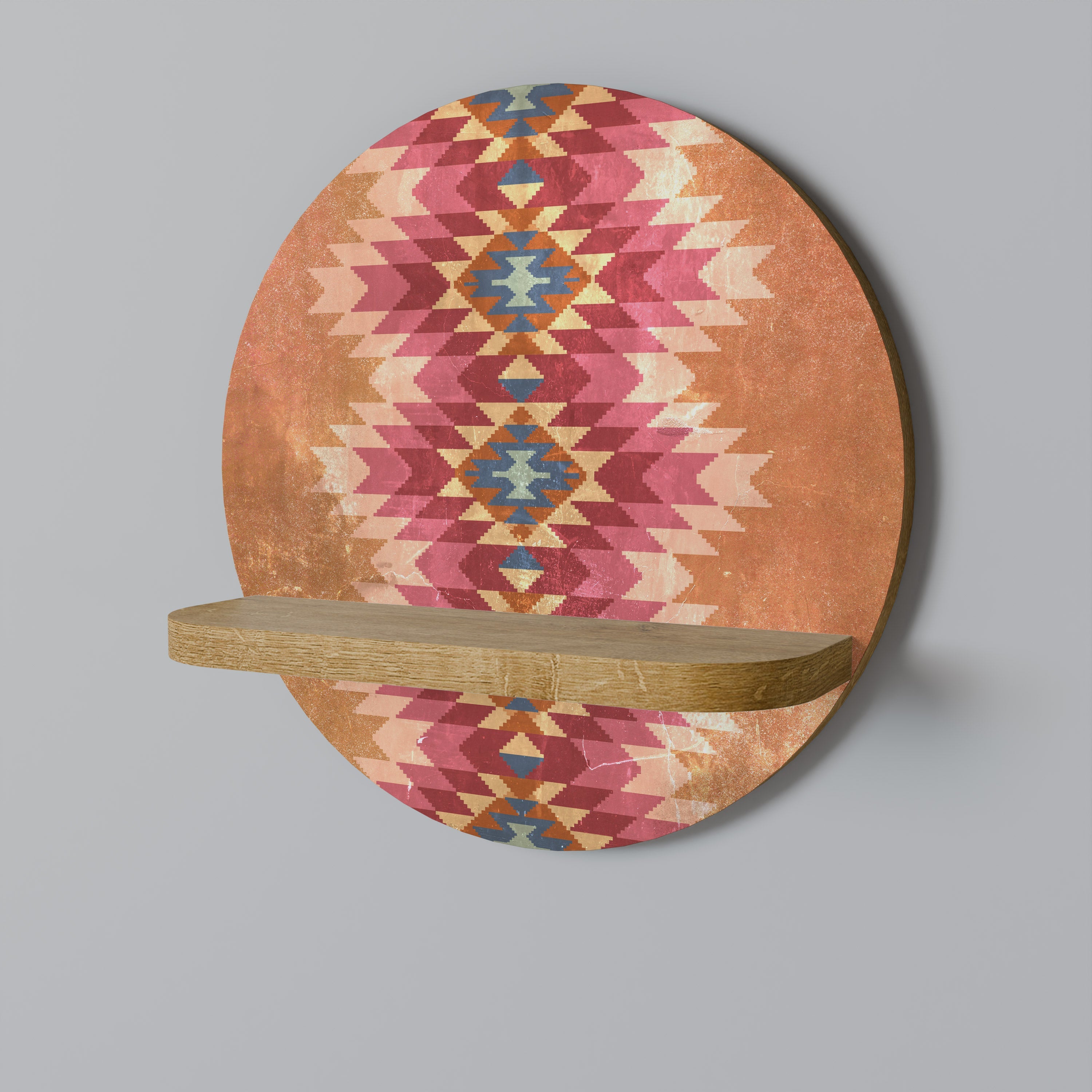 INDIAN FOLK Round Art Shelf In Oak Effect