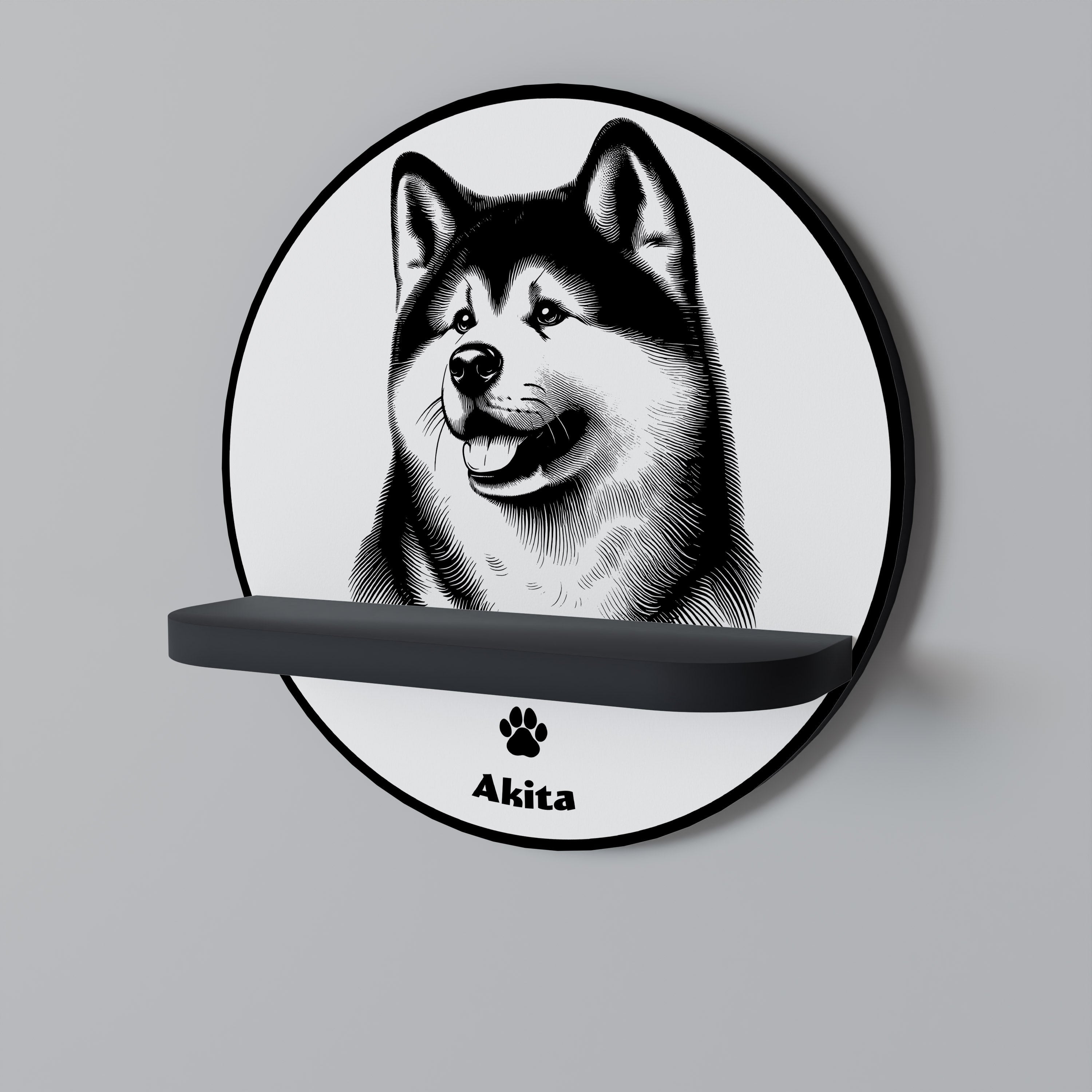 Στρογγυλό ράφι τέχνης AKITA DOG σε μαύρο φινίρισμα