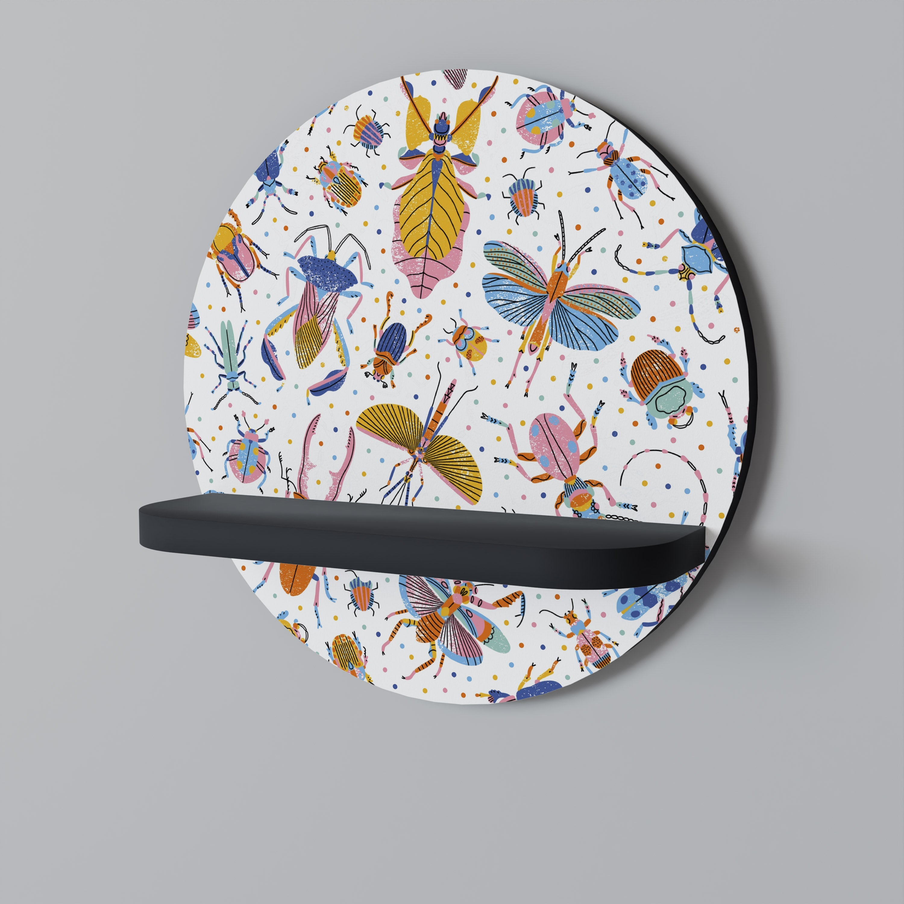 Στρογγυλό ράφι τέχνης COLORFUL INSECTS σε μαύρο φινίρισμα