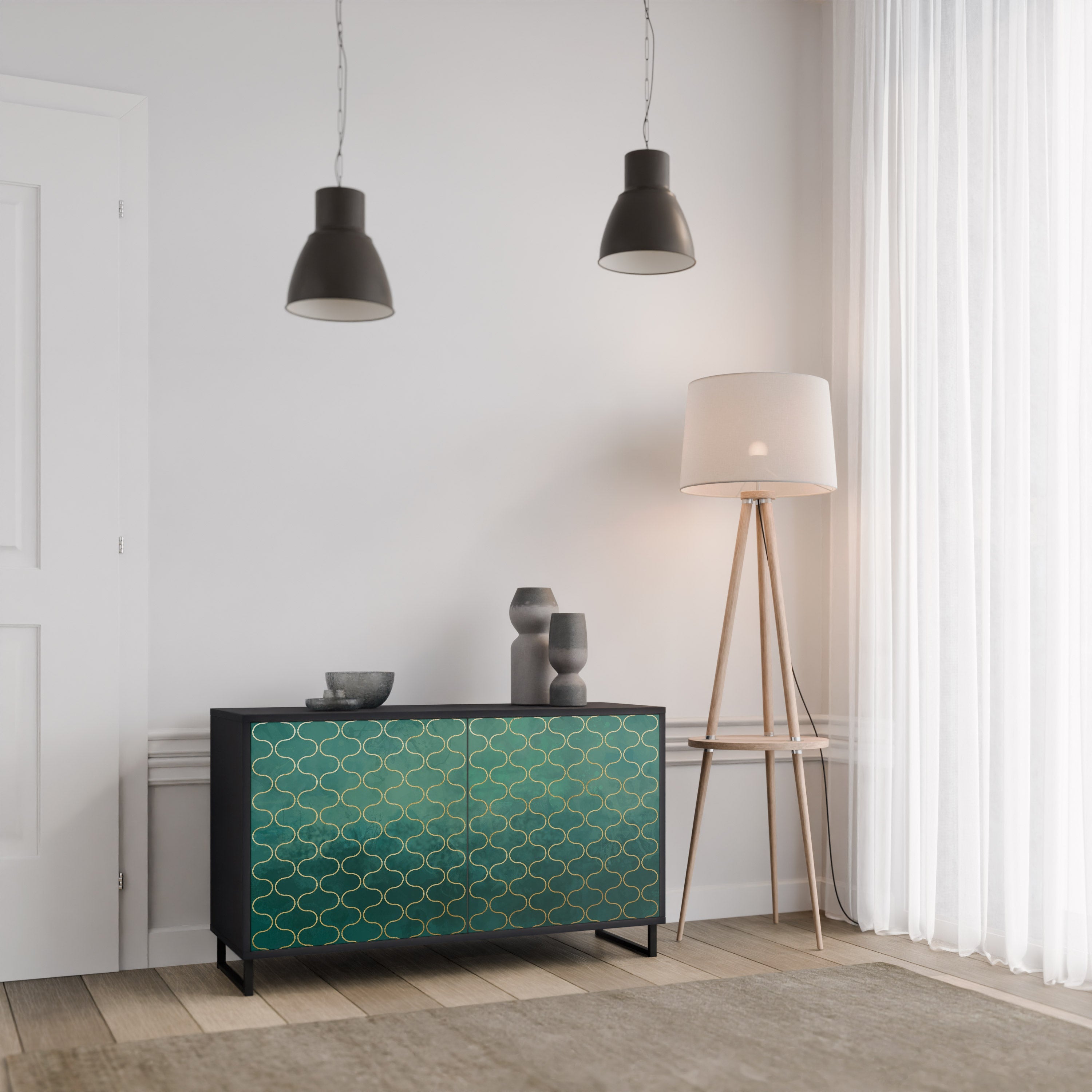 TESSELATED GREENERY 2-Door Sideboard in Black Finish