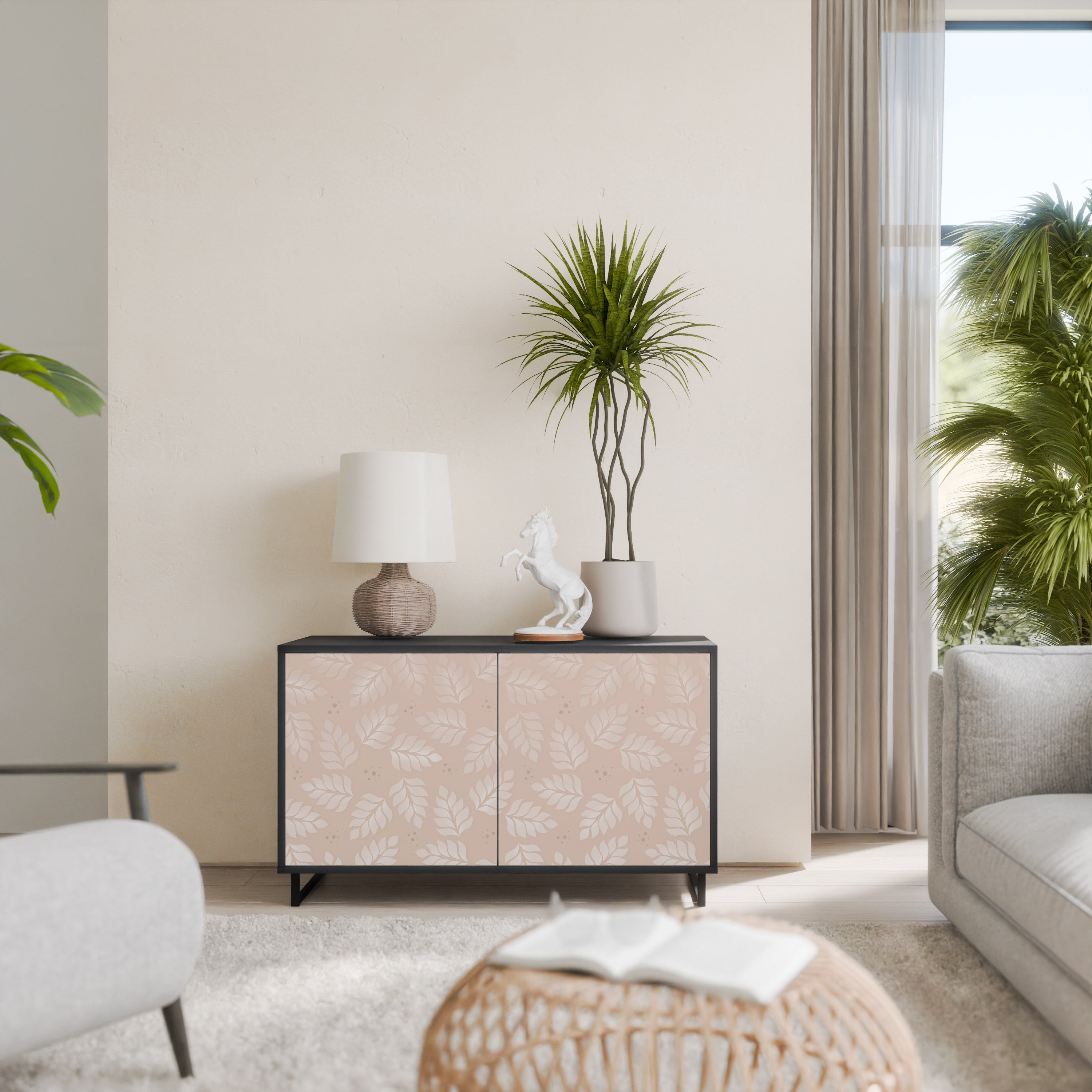 Μπουφές LEAVES ON BEIGE με 2 πόρτες σε μαύρο φινίρισμα