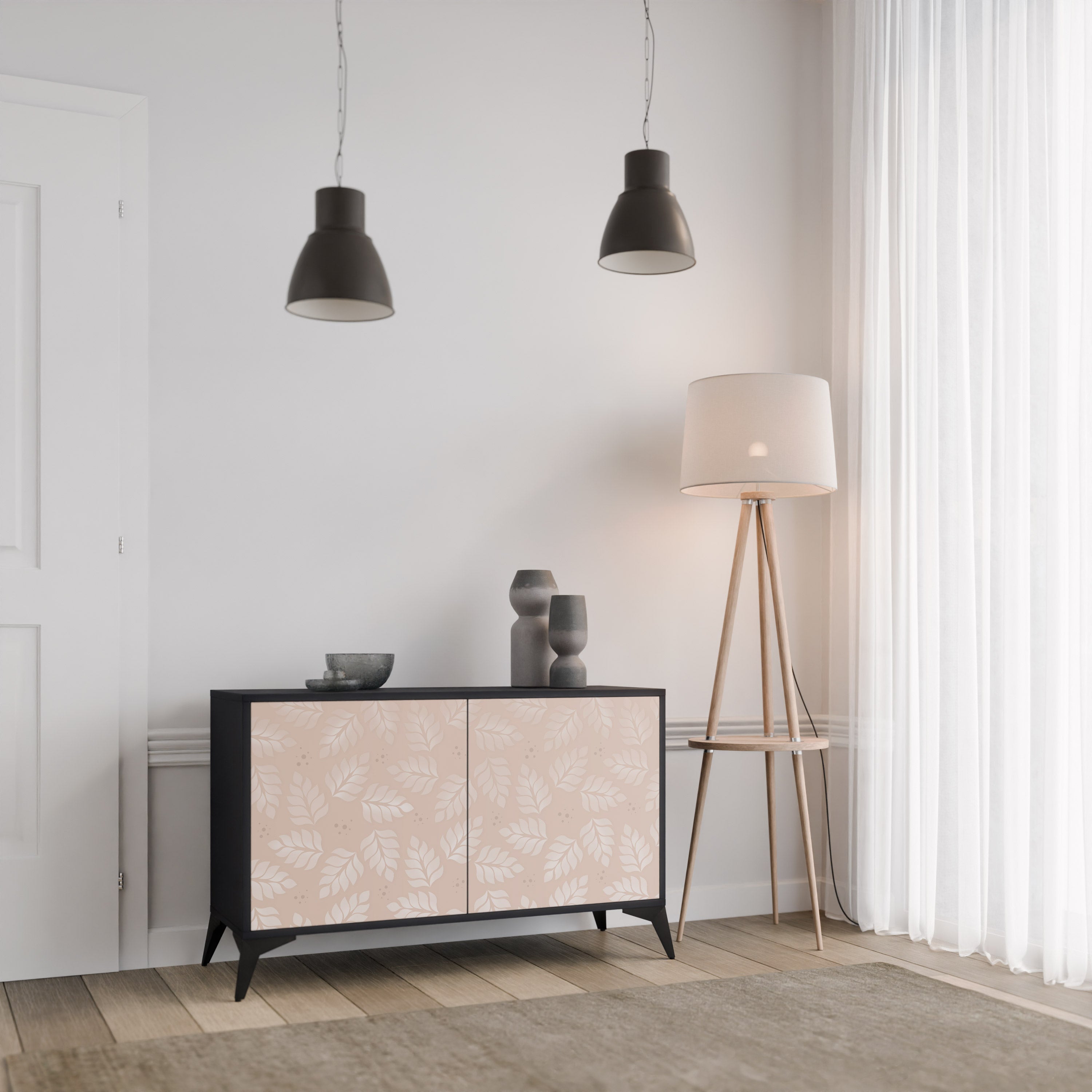 Μπουφές LEAVES ON BEIGE με 2 πόρτες σε μαύρο φινίρισμα