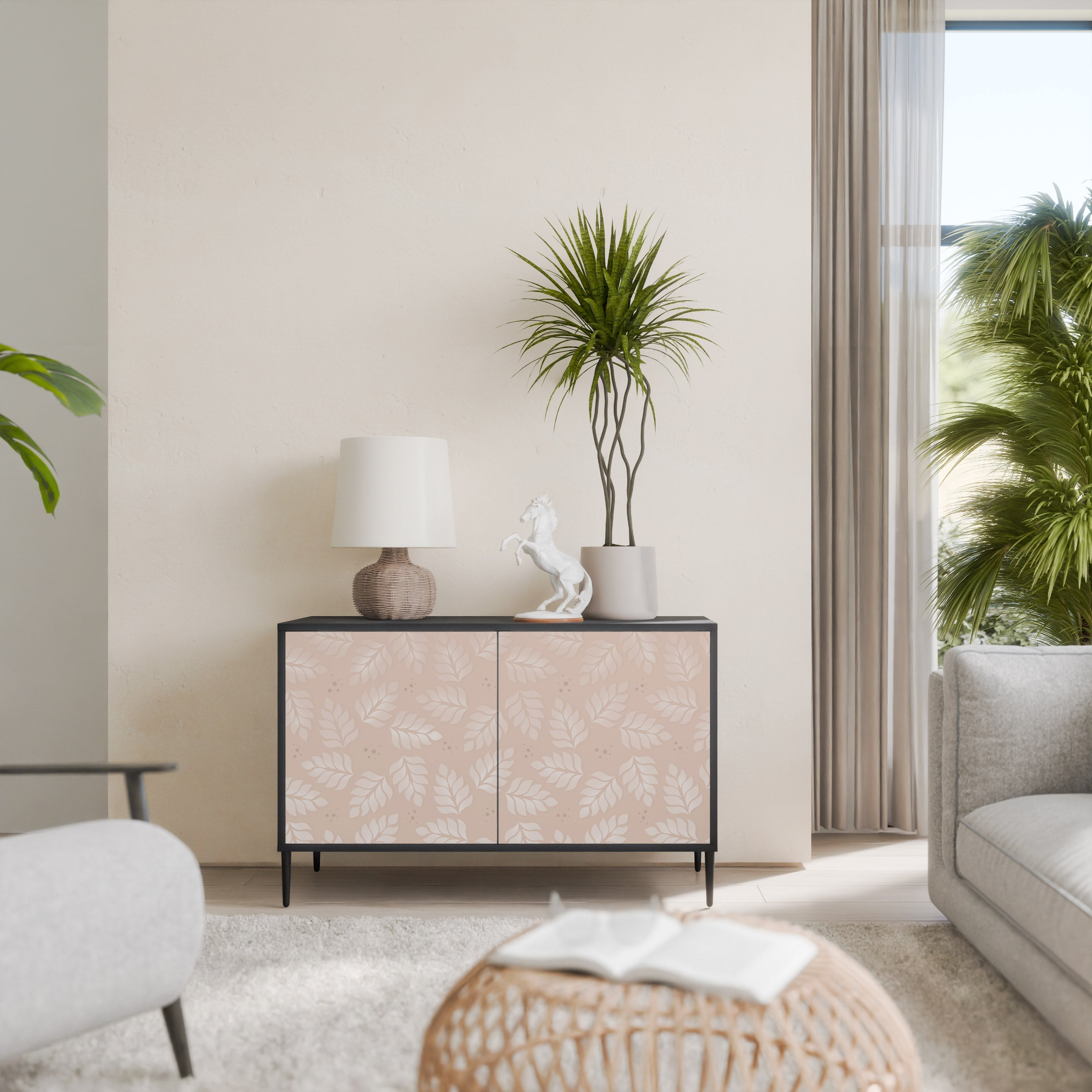 Μπουφές LEAVES ON BEIGE με 2 πόρτες σε μαύρο φινίρισμα