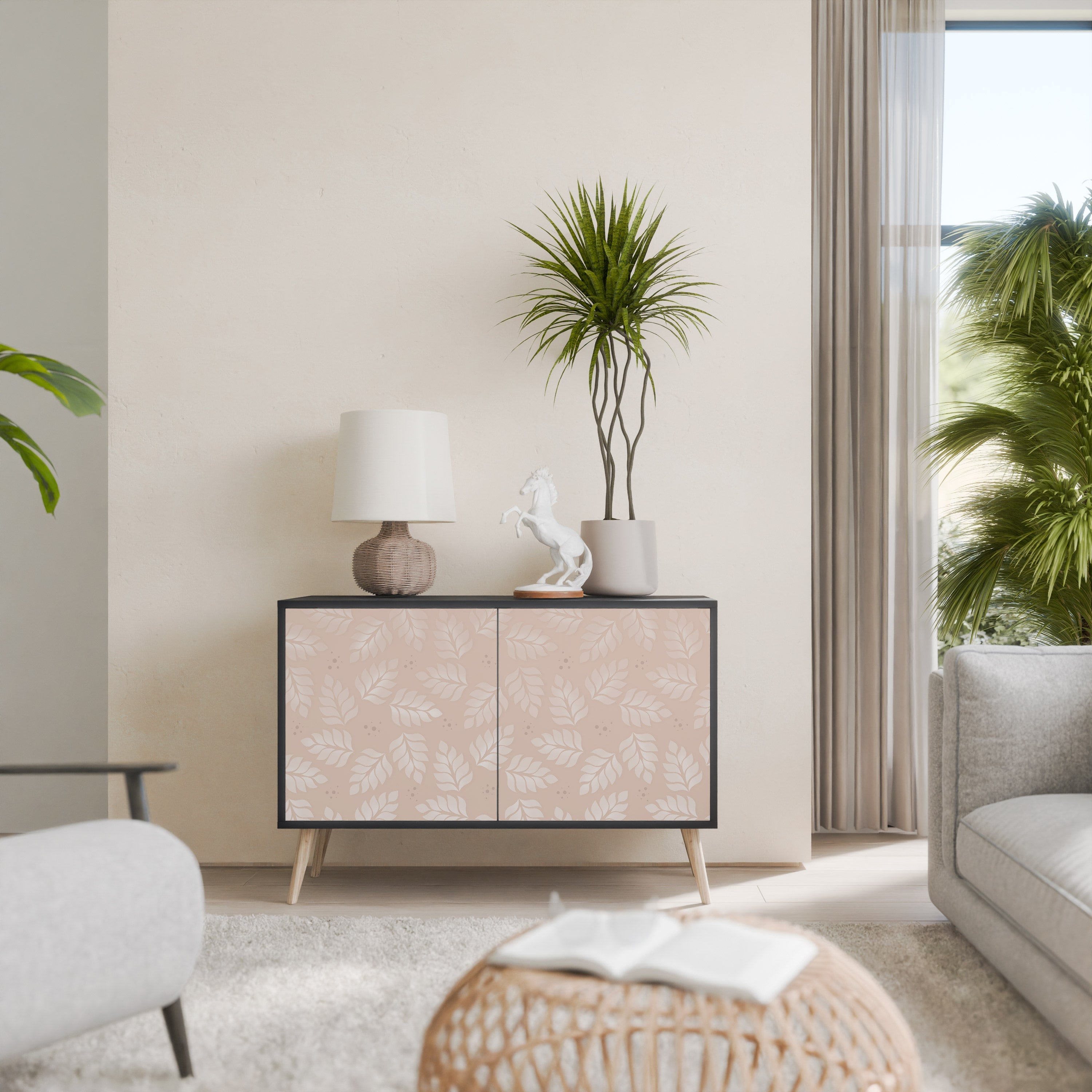 Μπουφές LEAVES ON BEIGE με 2 πόρτες σε μαύρο φινίρισμα