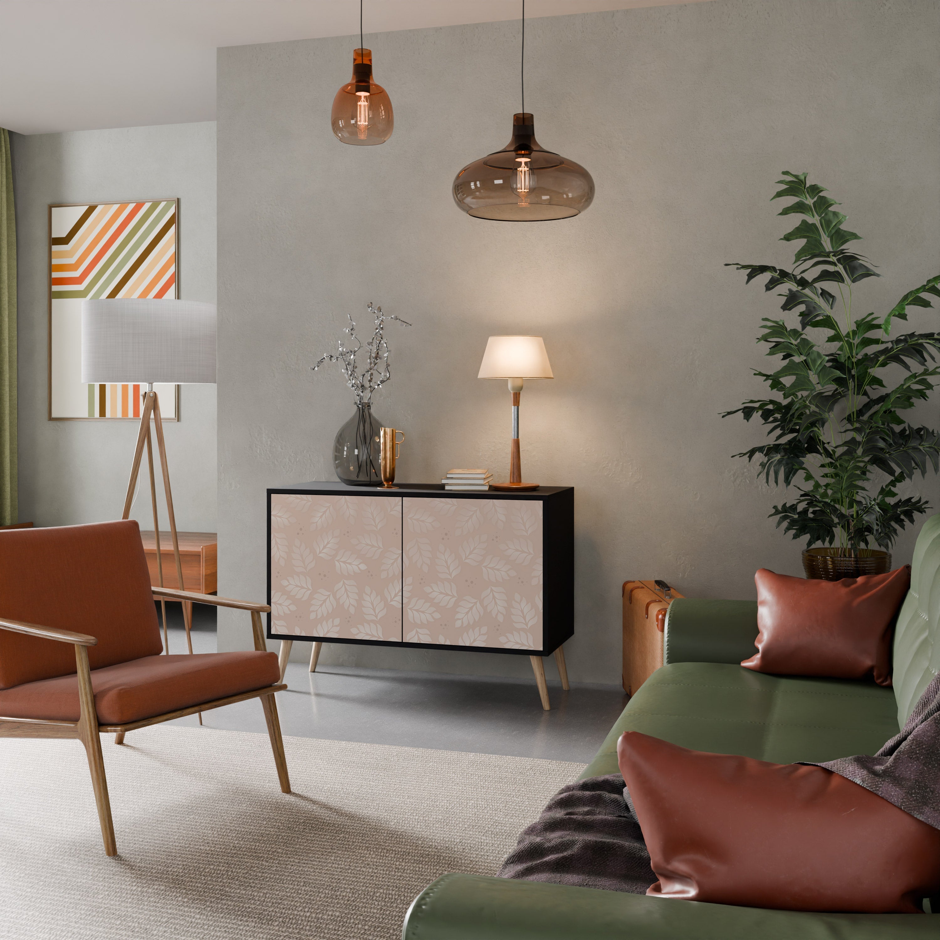 Μπουφές LEAVES ON BEIGE με 2 πόρτες σε μαύρο φινίρισμα
