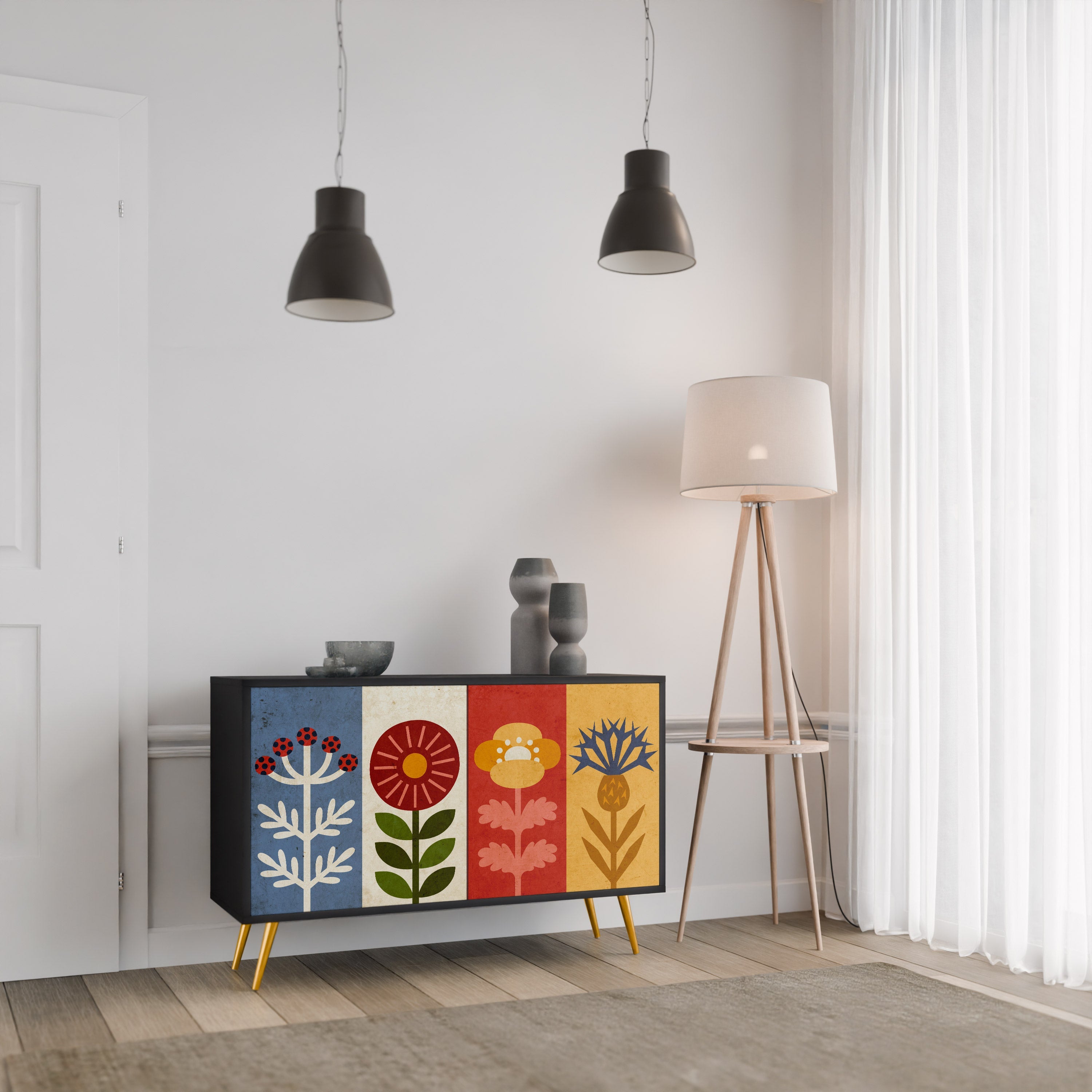 SCANDIC FLOWERET Μπουφές με 2 Πόρτες σε Μαύρο Φινίρισμα
