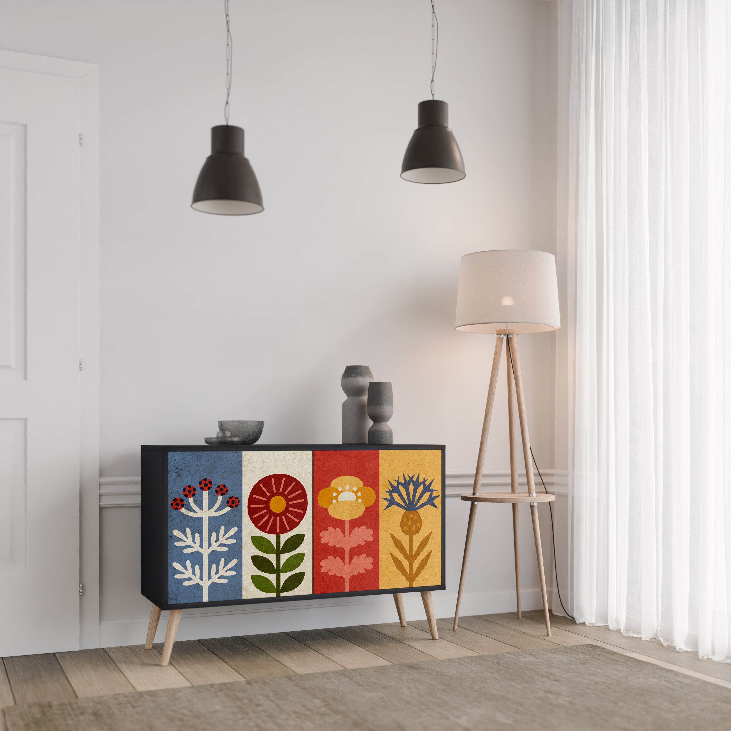 SCANDIC FLOWERET Μπουφές με 2 Πόρτες σε Μαύρο Φινίρισμα