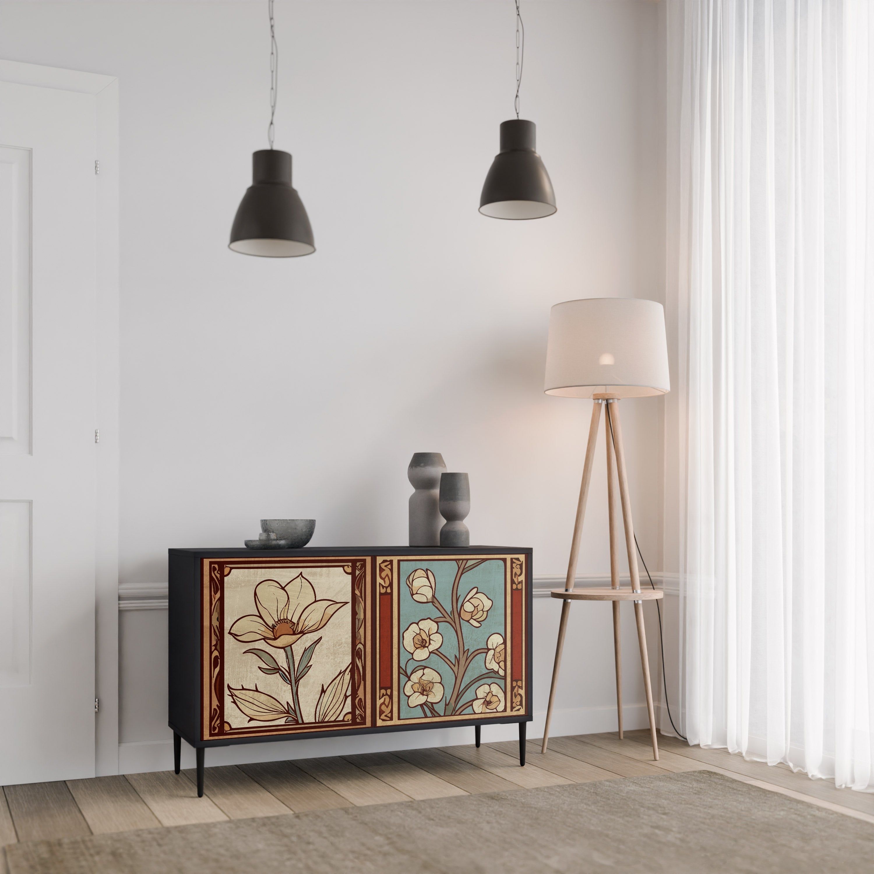 TIMELESS FLORA Μπουφές με 2 Πόρτες σε Μαύρο Φινίρισμα