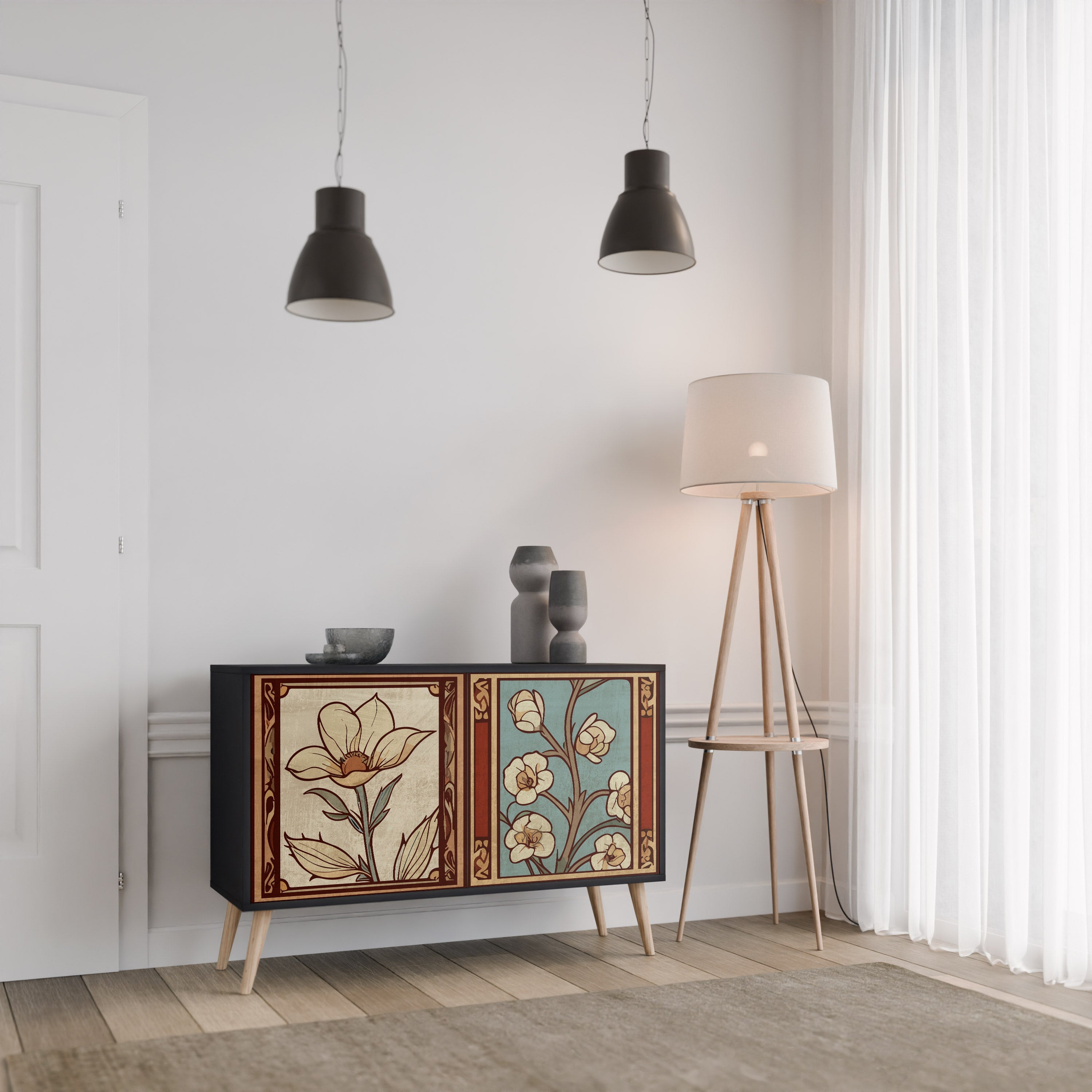 TIMELESS FLORA Μπουφές με 2 Πόρτες σε Μαύρο Φινίρισμα