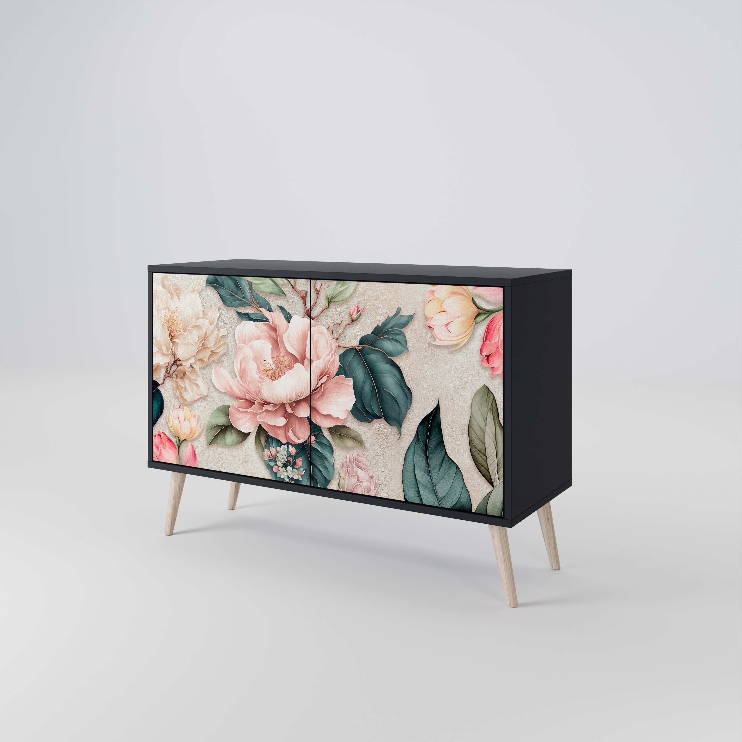 FLORAL GRACE Μπουφές με 2 Πόρτες σε Μαύρο Φινίρισμα