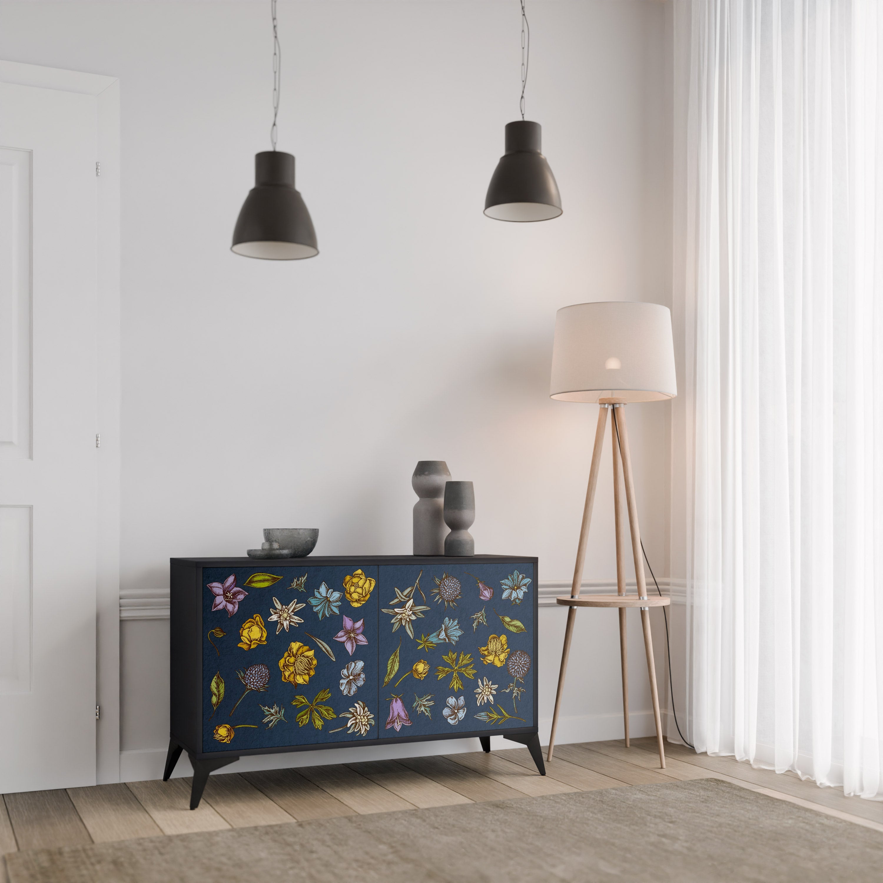 Μπουφές 2 θυρών FLOWERS ON NAVY BLUE σε μαύρο φινίρισμα