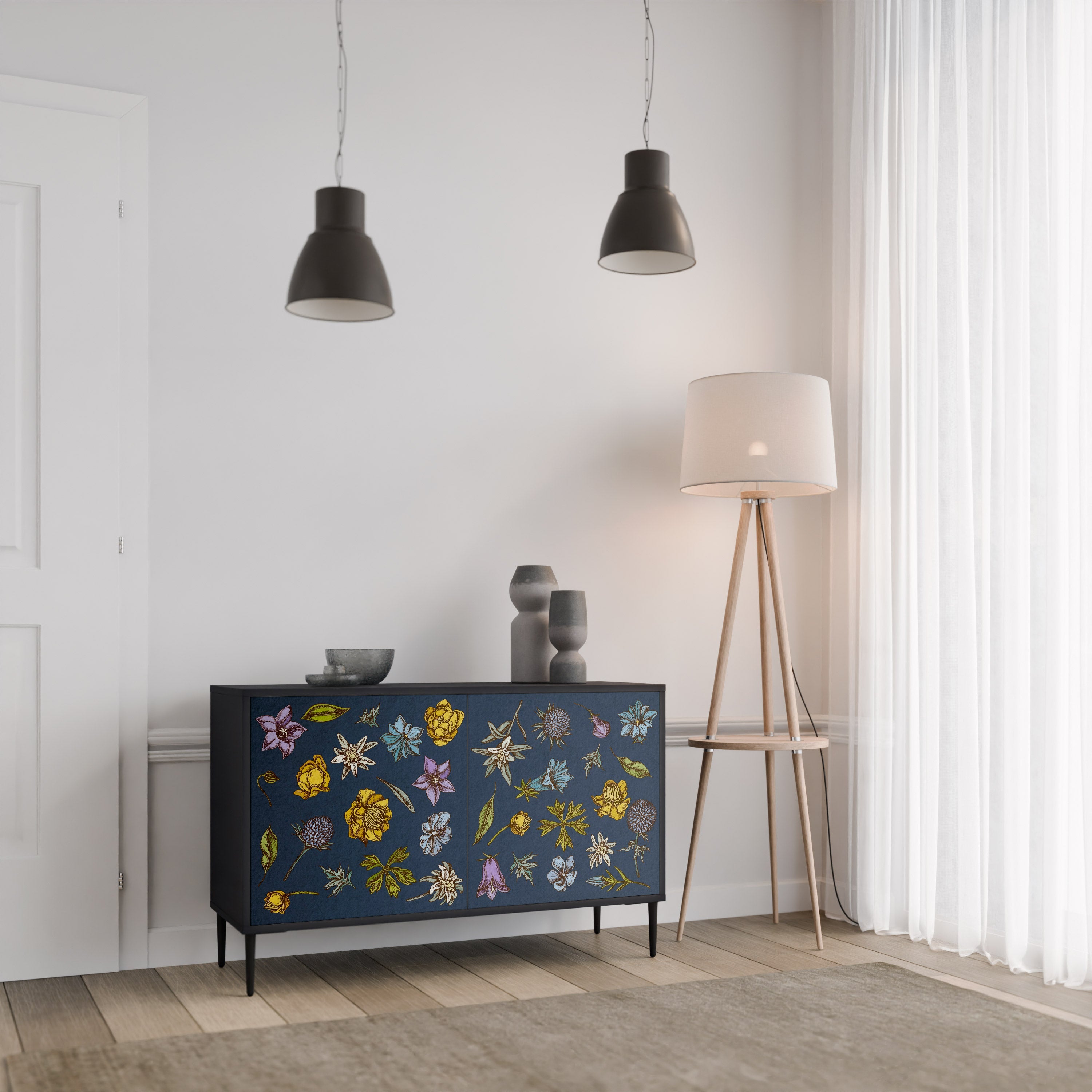 Μπουφές 2 θυρών FLOWERS ON NAVY BLUE σε μαύρο φινίρισμα