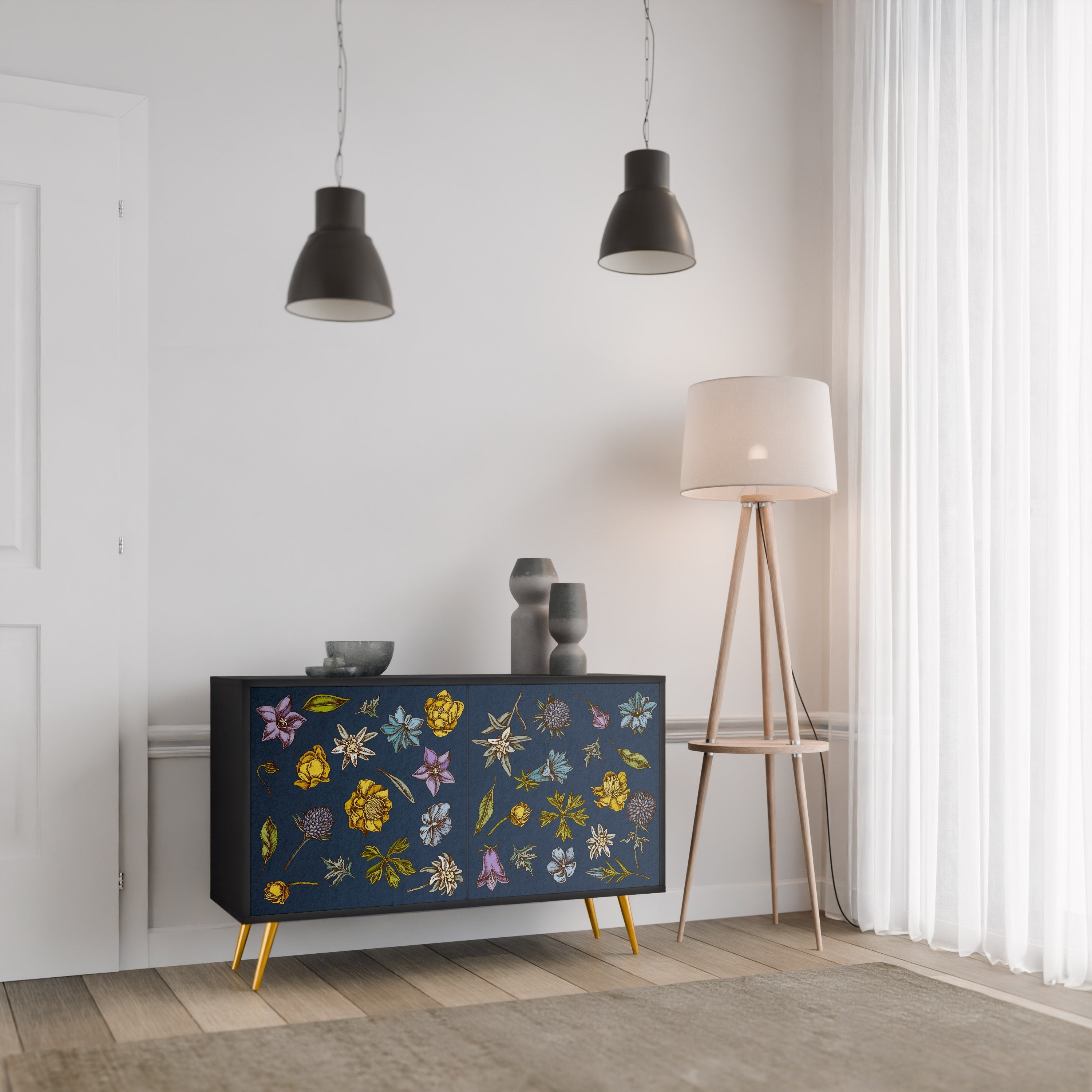 Μπουφές 2 θυρών FLOWERS ON NAVY BLUE σε μαύρο φινίρισμα