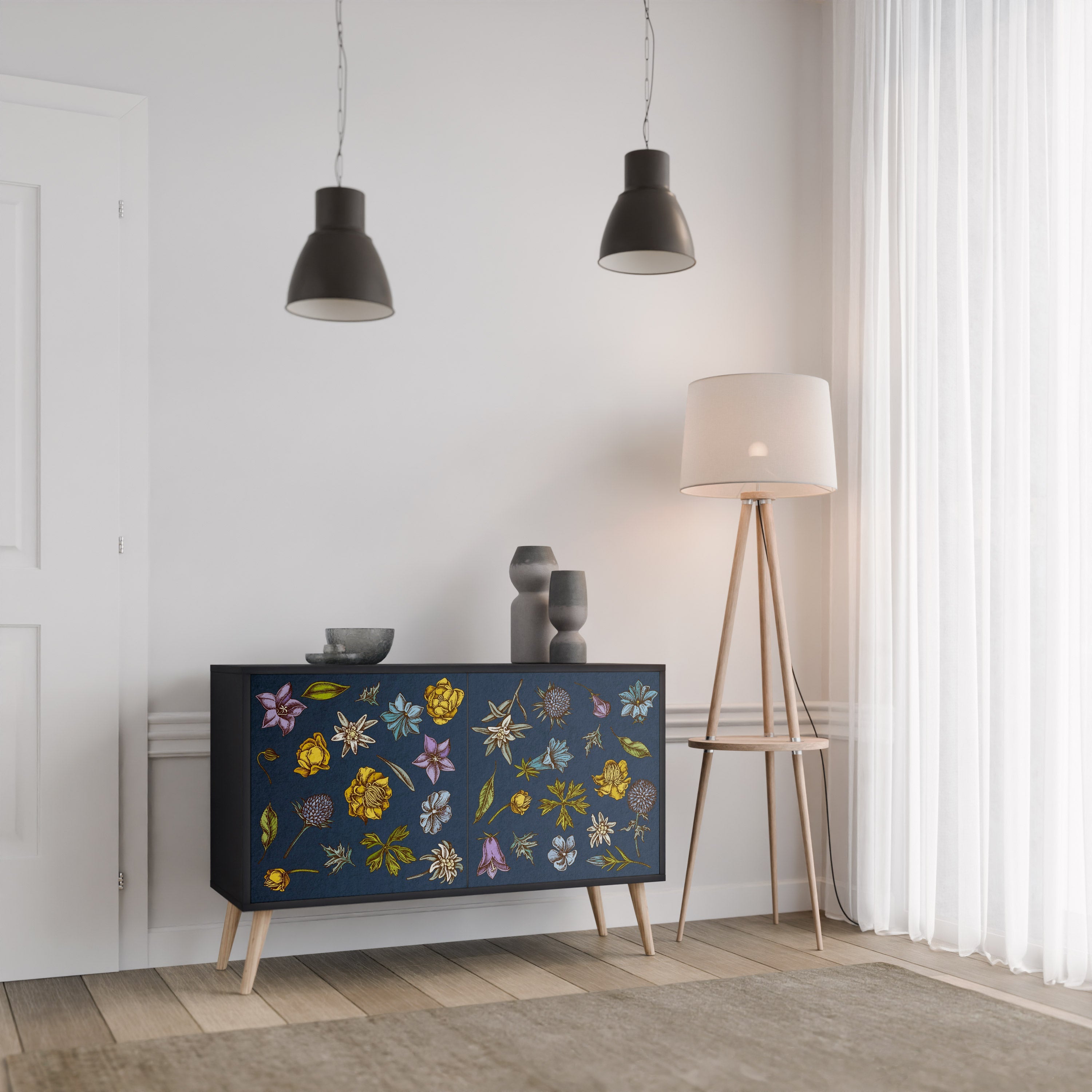 Μπουφές 2 θυρών FLOWERS ON NAVY BLUE σε μαύρο φινίρισμα