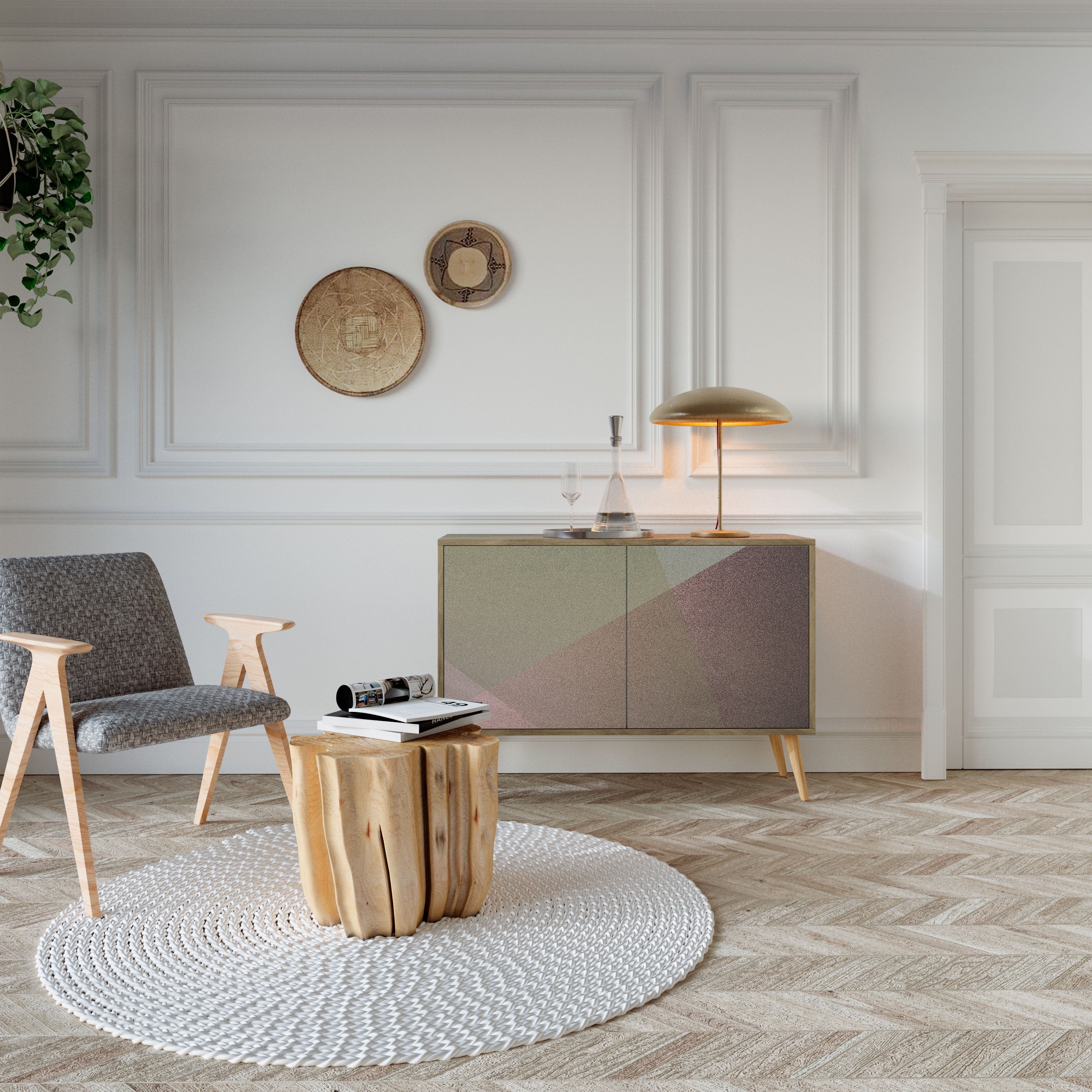 BEIGE GEOMETRY 2-Door Sideboard in Oak Effect