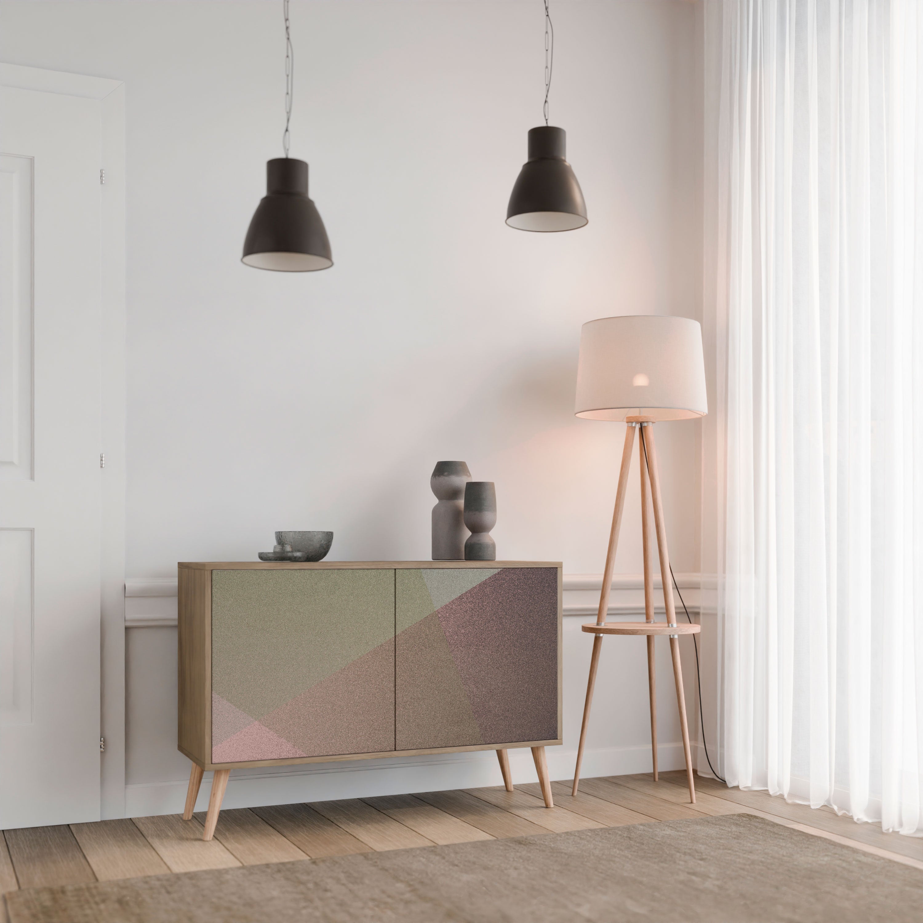 BEIGE GEOMETRY 2-Door Sideboard in Oak Effect