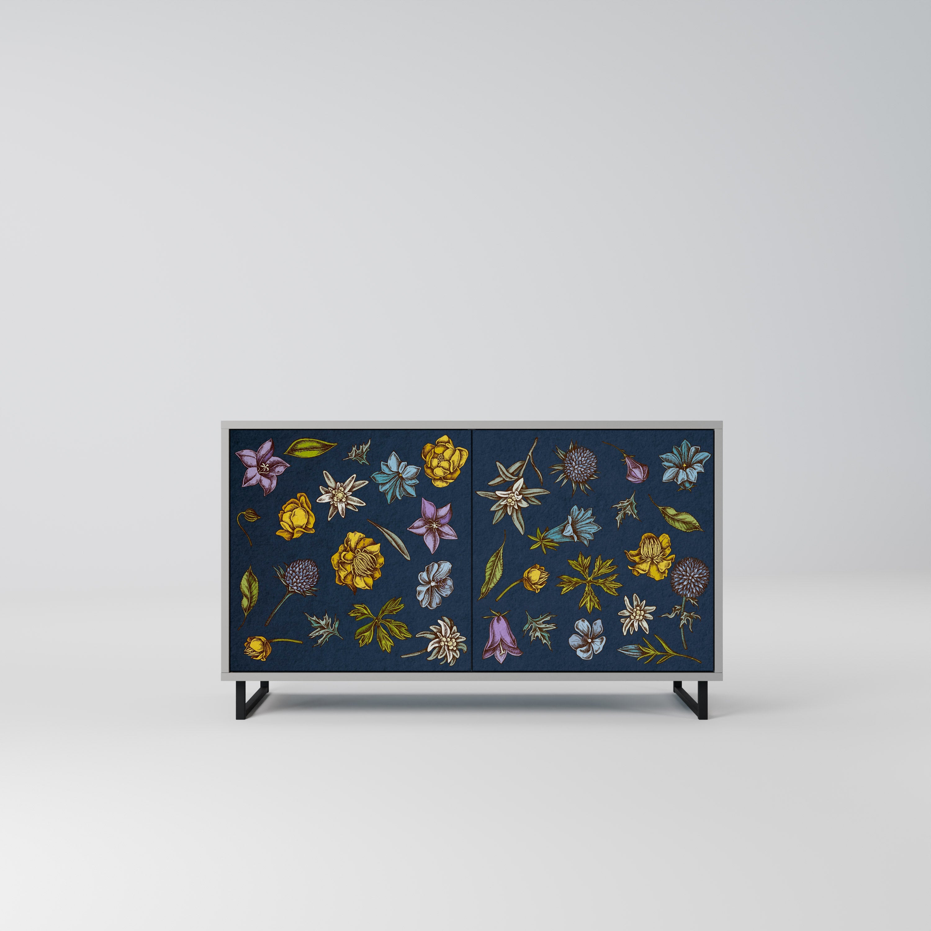 Μπουφές με 2 πόρτες FLOWERS ON NAVY BLUE σε γκρι φινίρισμα