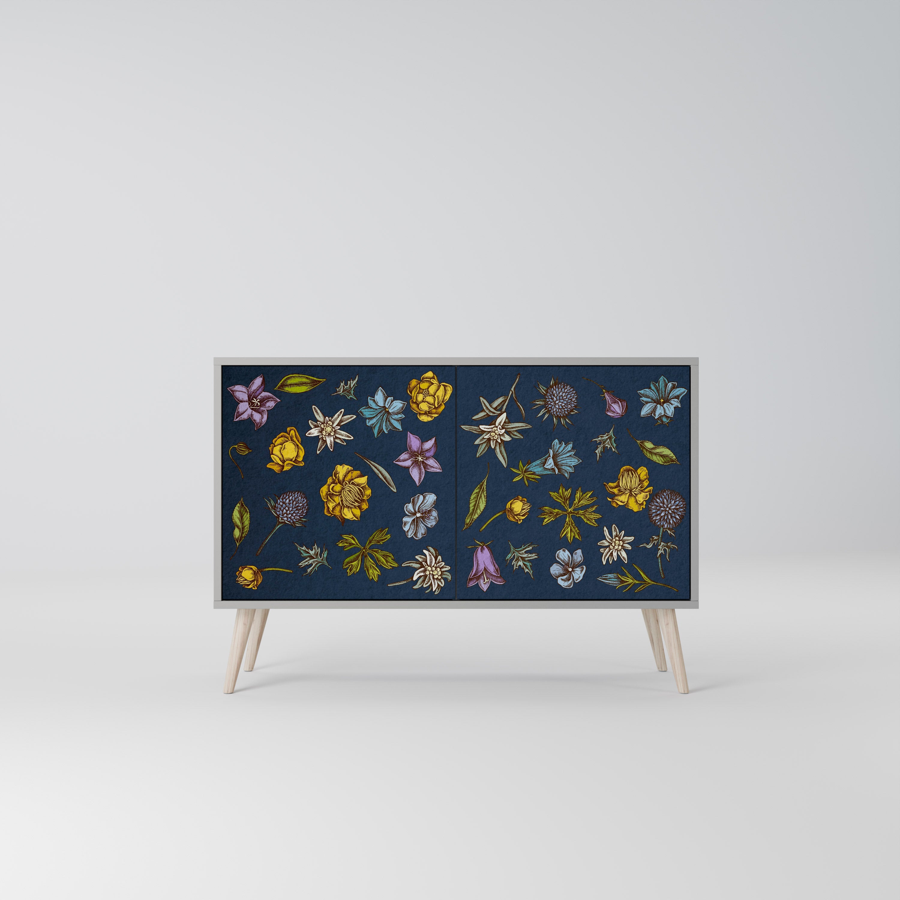 Μπουφές με 2 πόρτες FLOWERS ON NAVY BLUE σε γκρι φινίρισμα
