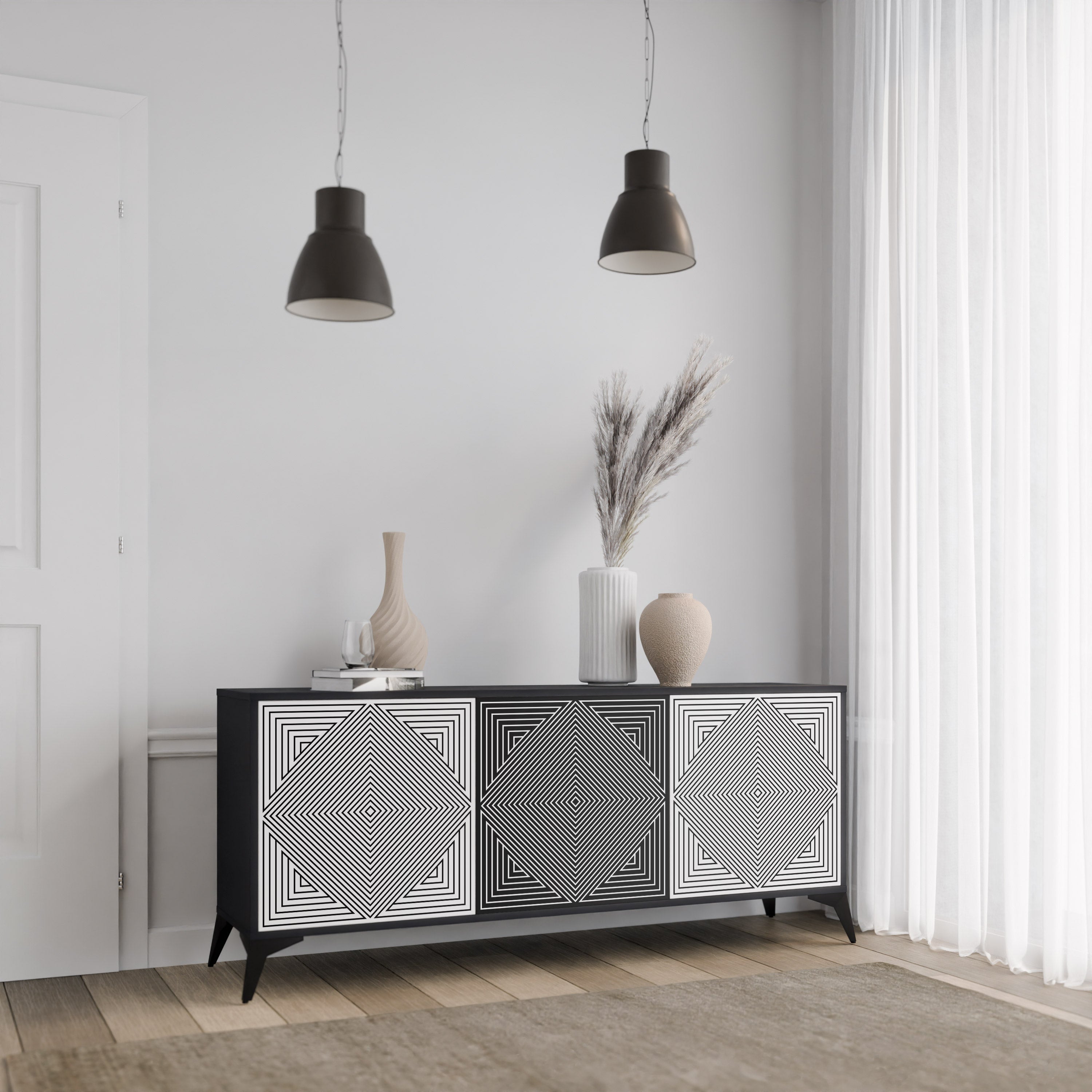 POLYGON ILLUSION 3-Door Sideboard in Black Finish