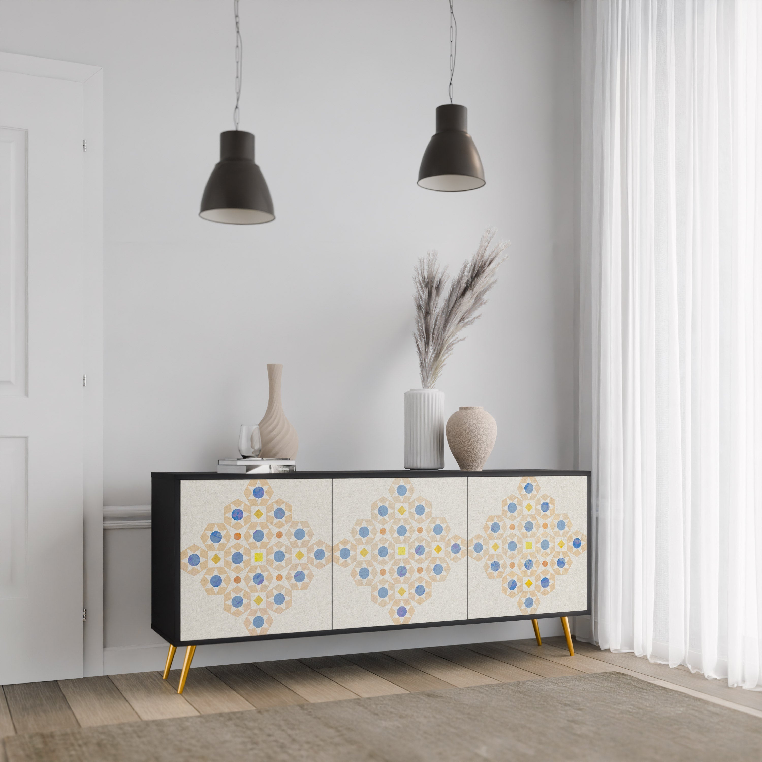 PATTERNED PRISM 3-Door Sideboard in Black Finish