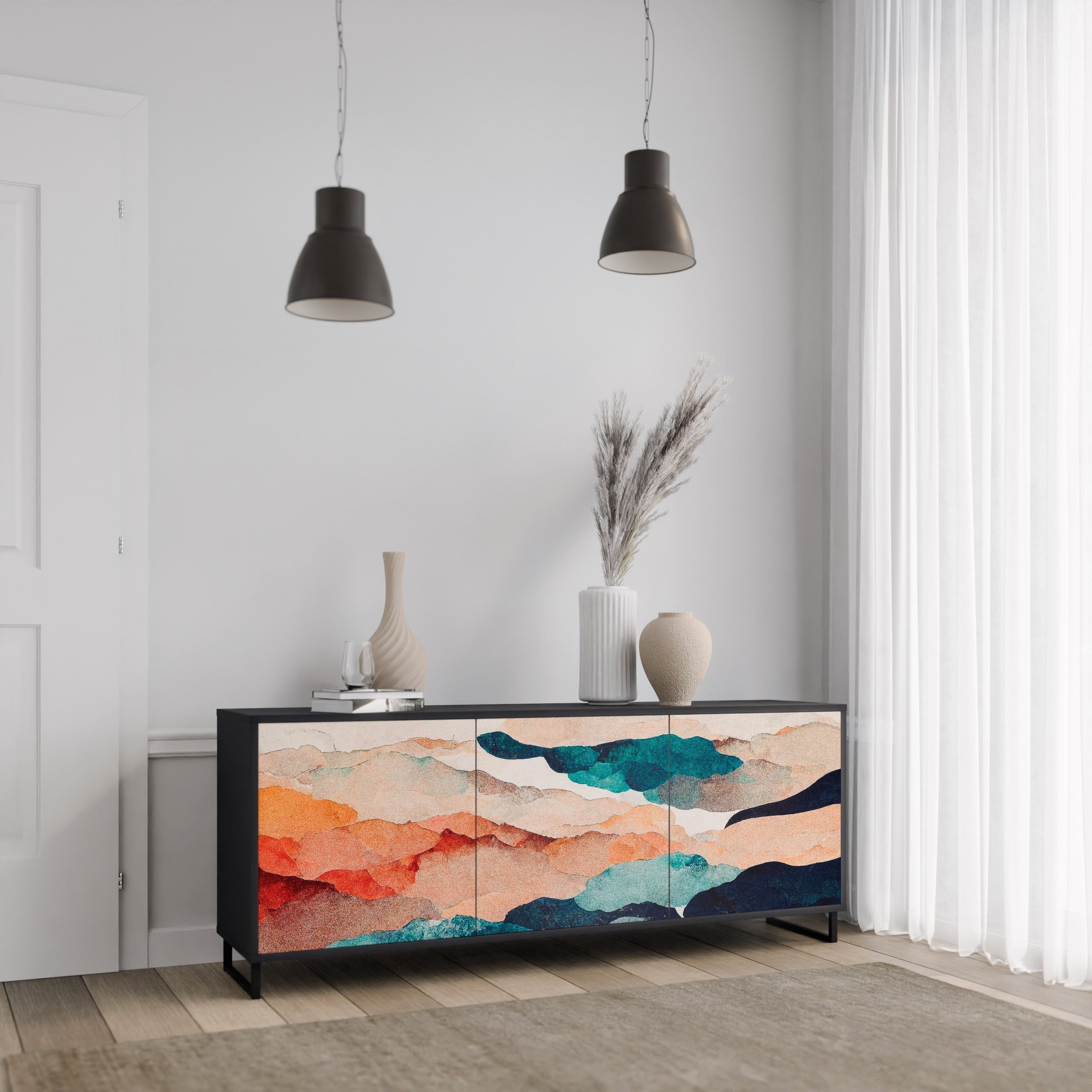 Μπουφές ABSTRACT LANDSCAPE με 3 πόρτες σε μαύρο φινίρισμα