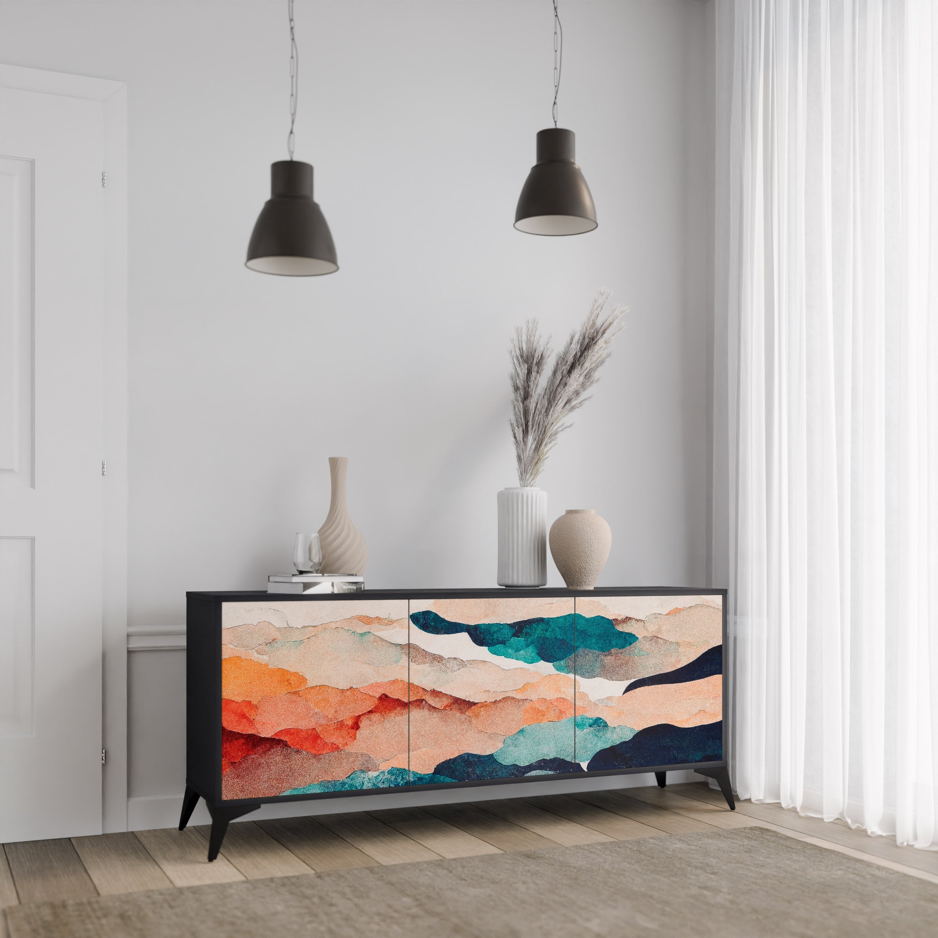 Μπουφές ABSTRACT LANDSCAPE με 3 πόρτες σε μαύρο φινίρισμα