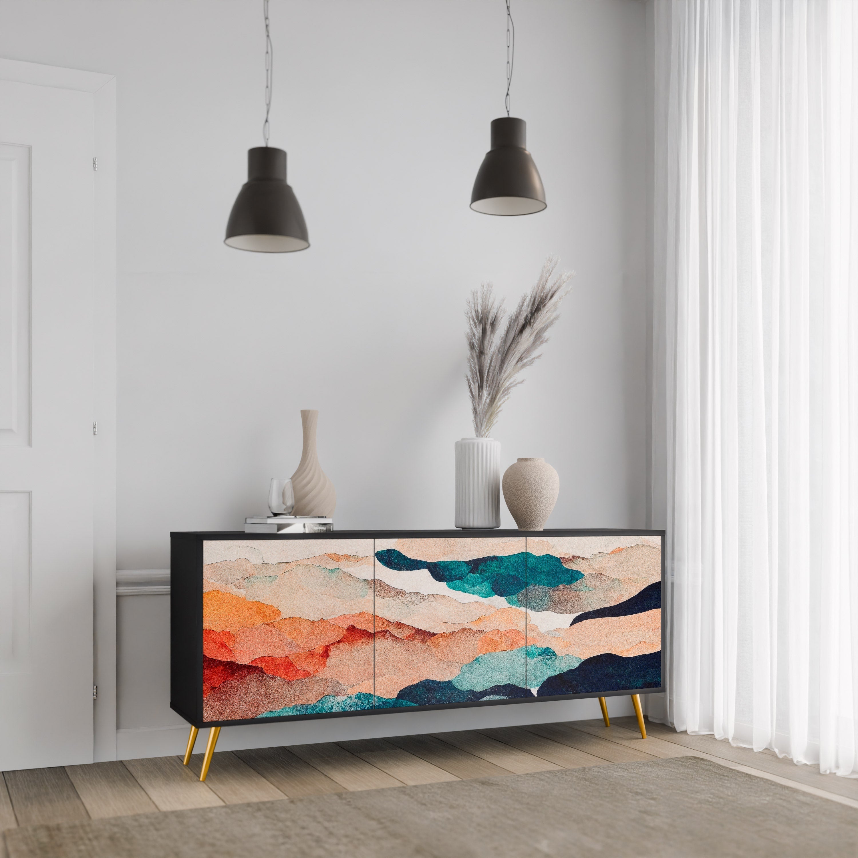 Μπουφές ABSTRACT LANDSCAPE με 3 πόρτες σε μαύρο φινίρισμα