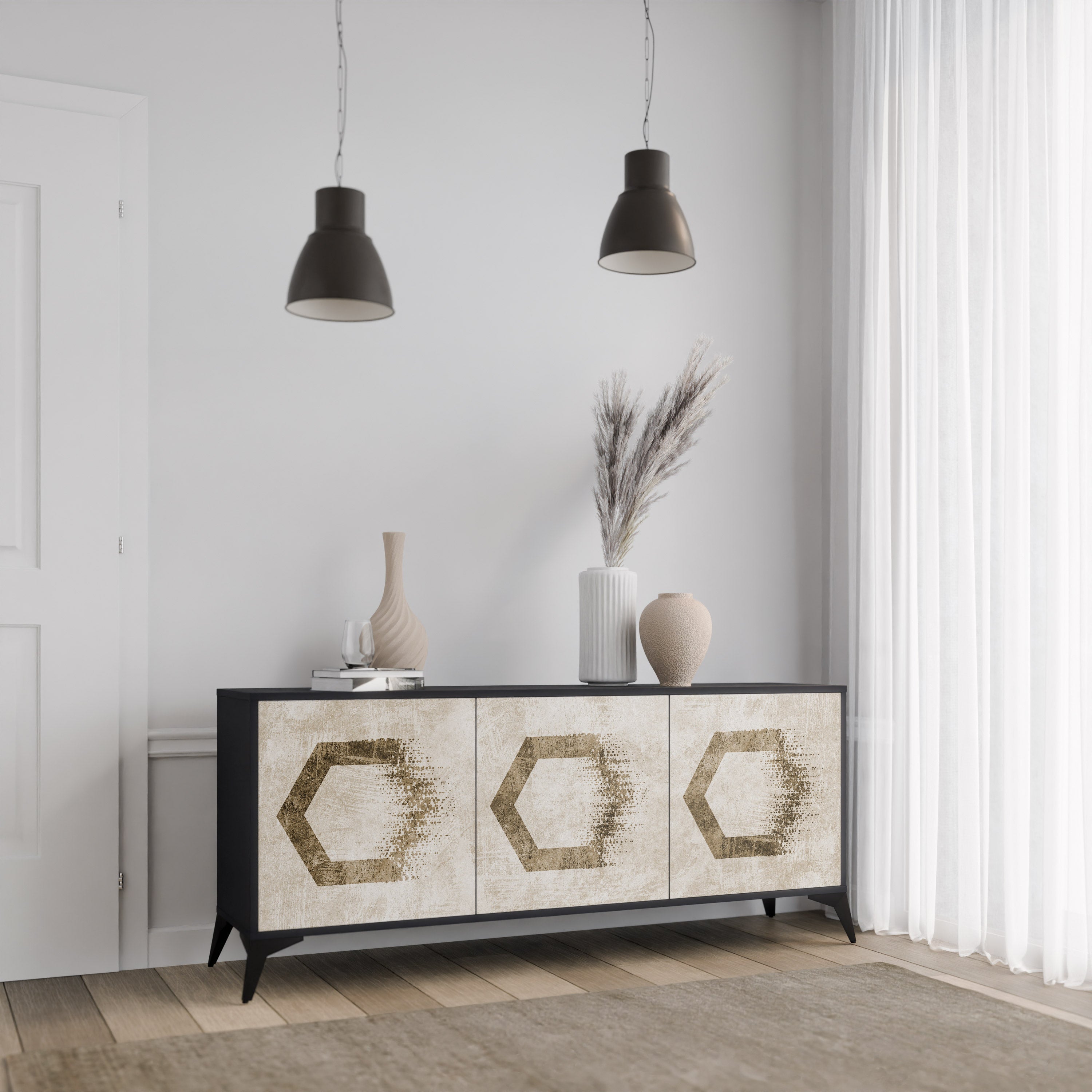 HEXAGONAL SHAPES 3-Door Sideboard in Black Finish