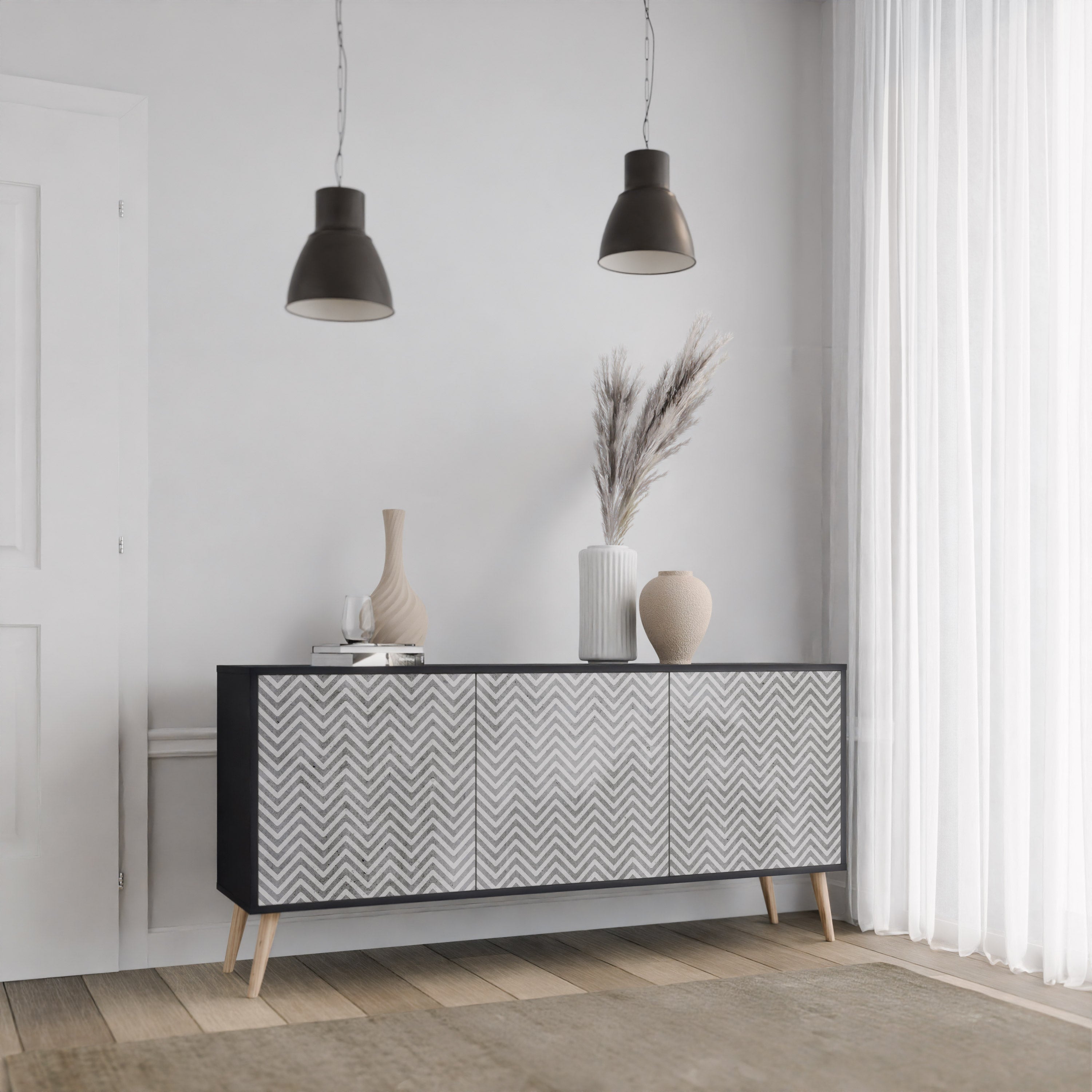 CONCRETE ZIG ZAG 3-Door Sideboard in Black Finish