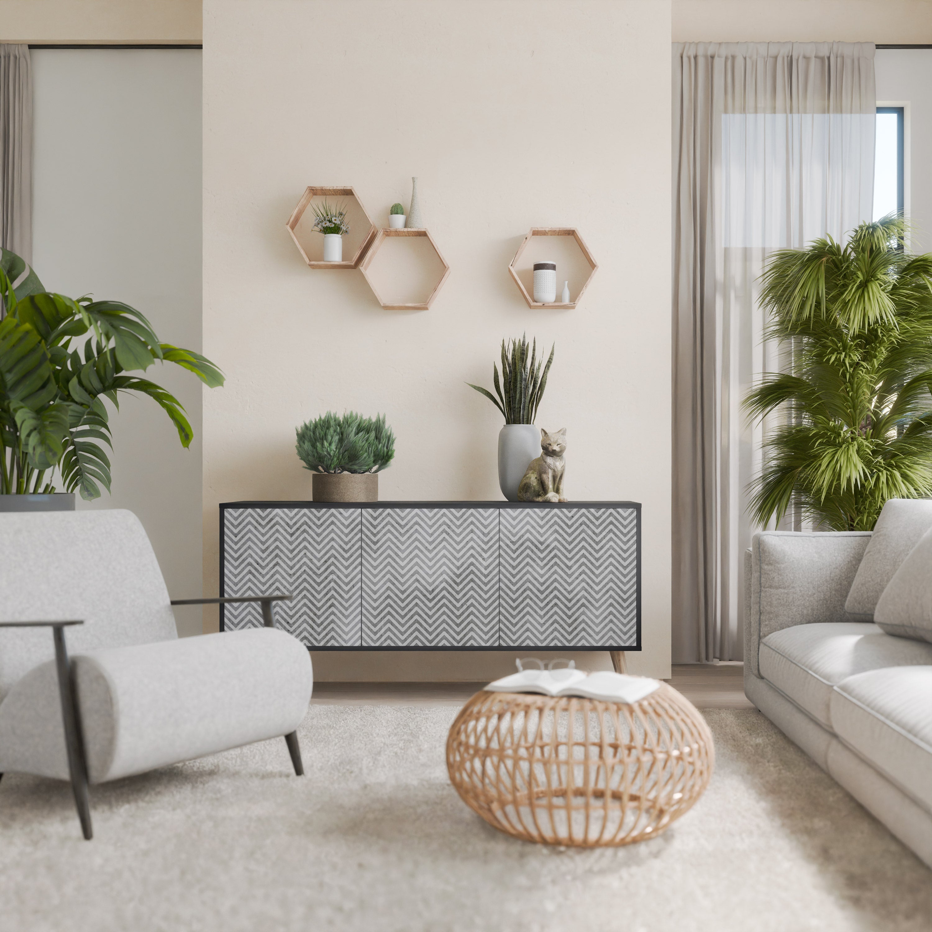 CONCRETE ZIG ZAG 3-Door Sideboard in Black Finish