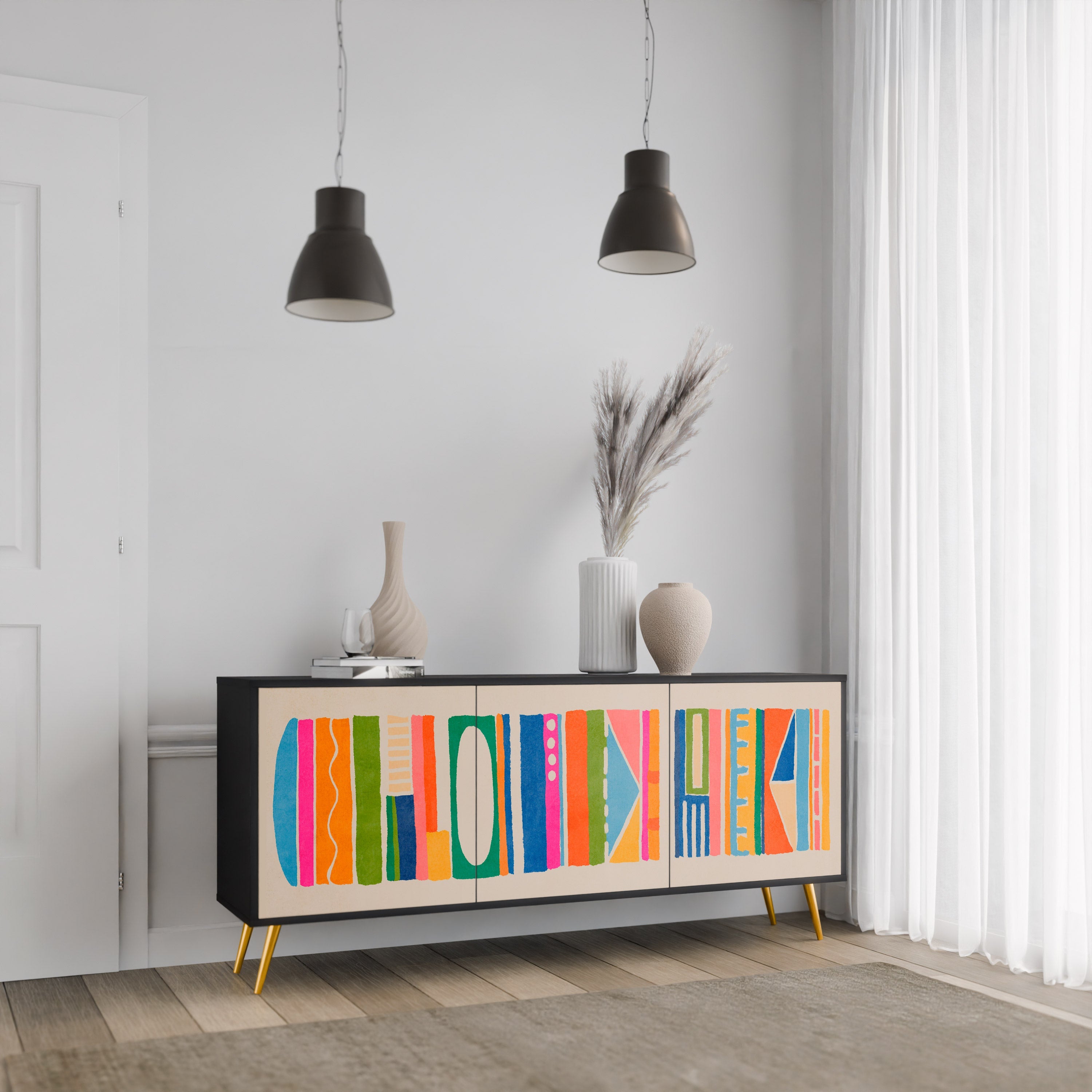 GEOMETRIC SHINE 3-Door Sideboard in Black Finish