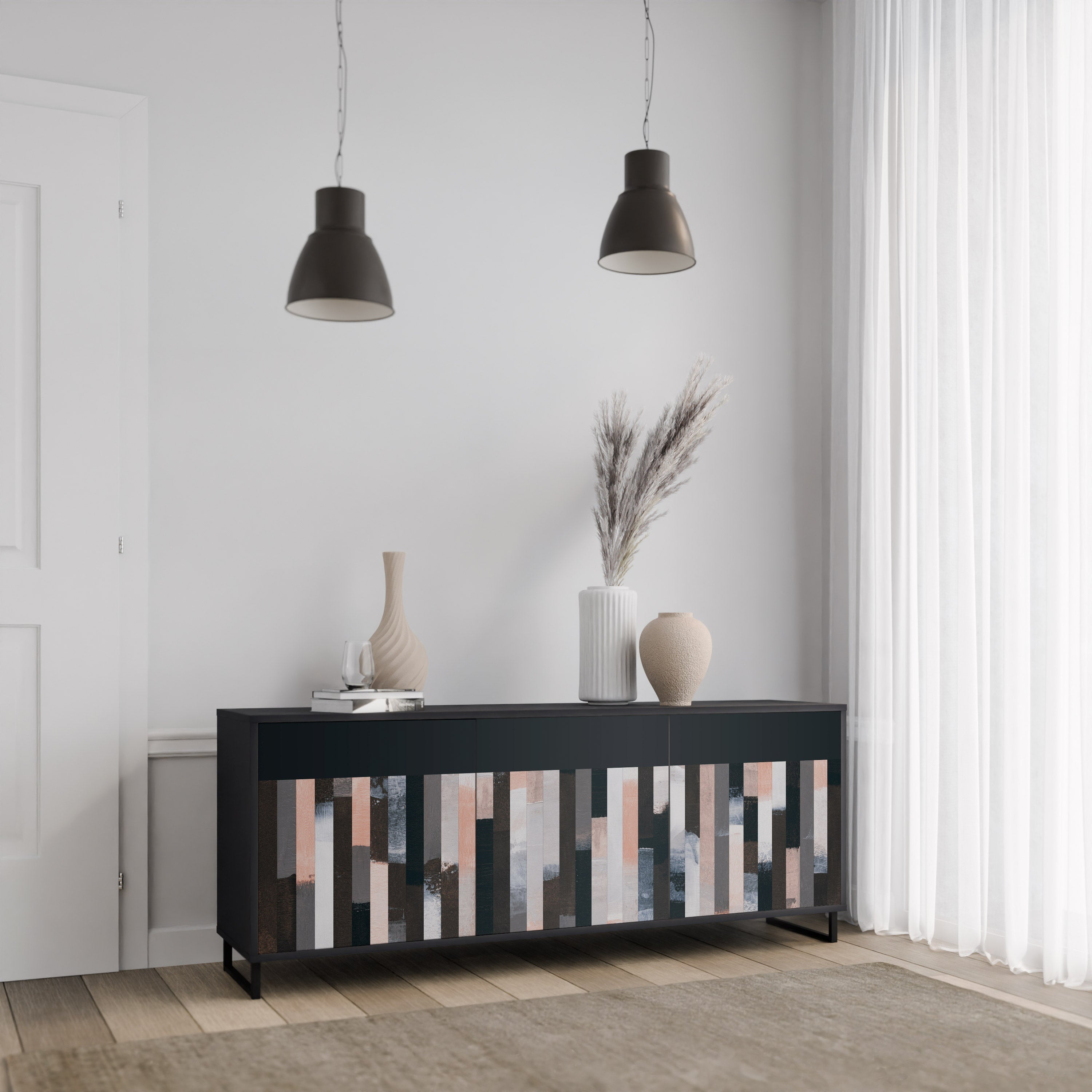 COLLAGE OF RECTANGLES 3-Door Sideboard in Black Finish