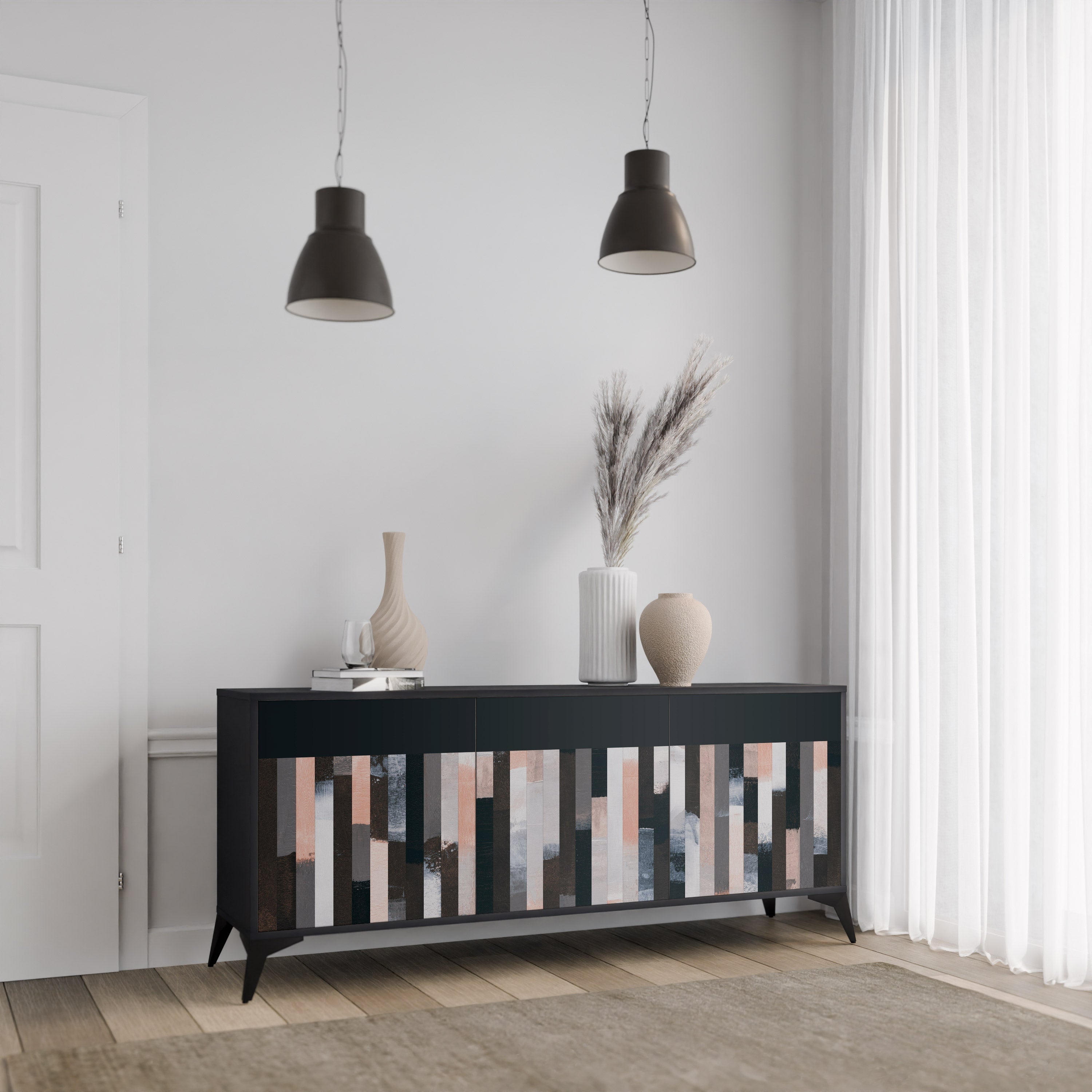 COLLAGE OF RECTANGLES 3-Door Sideboard in Black Finish