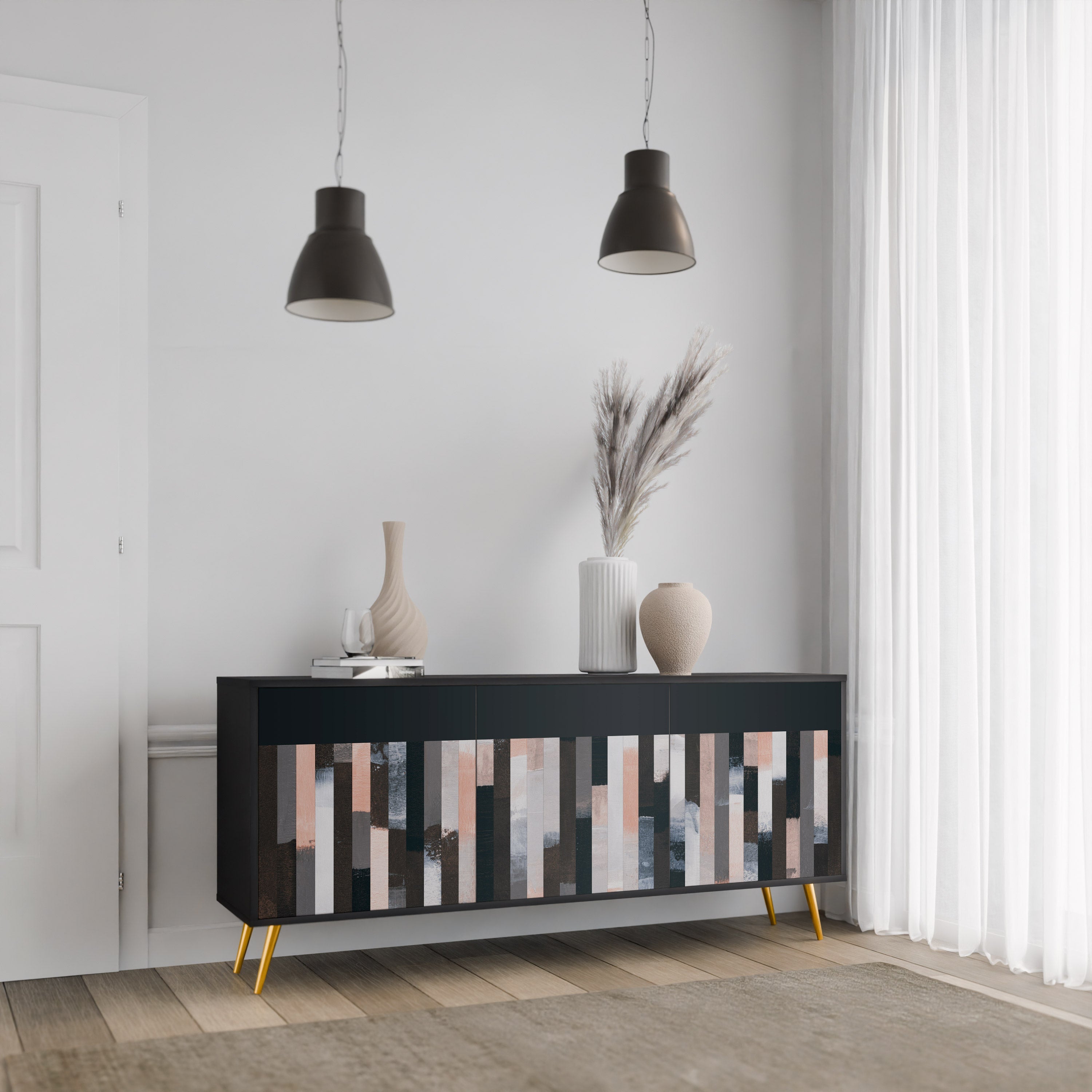 COLLAGE OF RECTANGLES 3-Door Sideboard in Black Finish