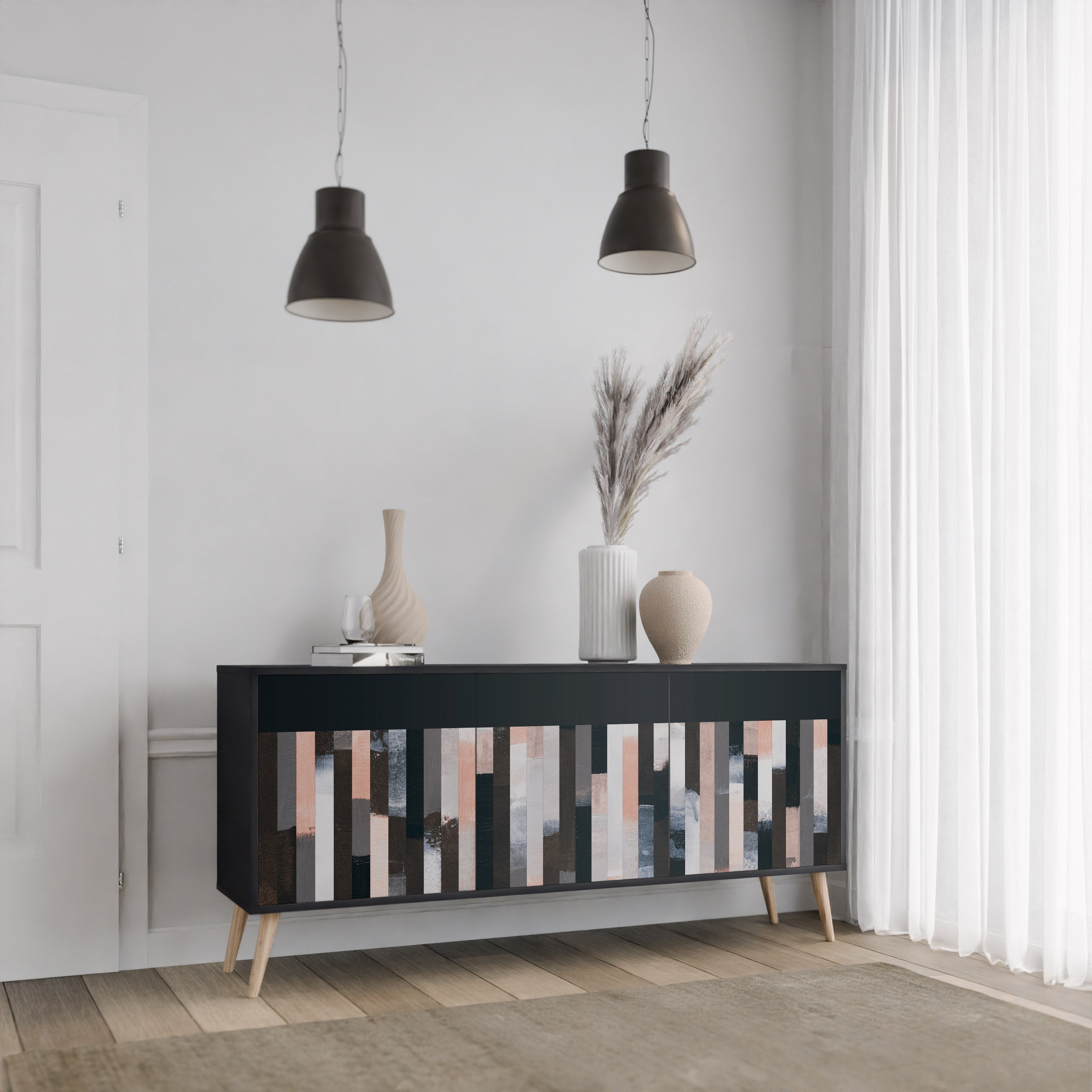 COLLAGE OF RECTANGLES 3-Door Sideboard in Black Finish