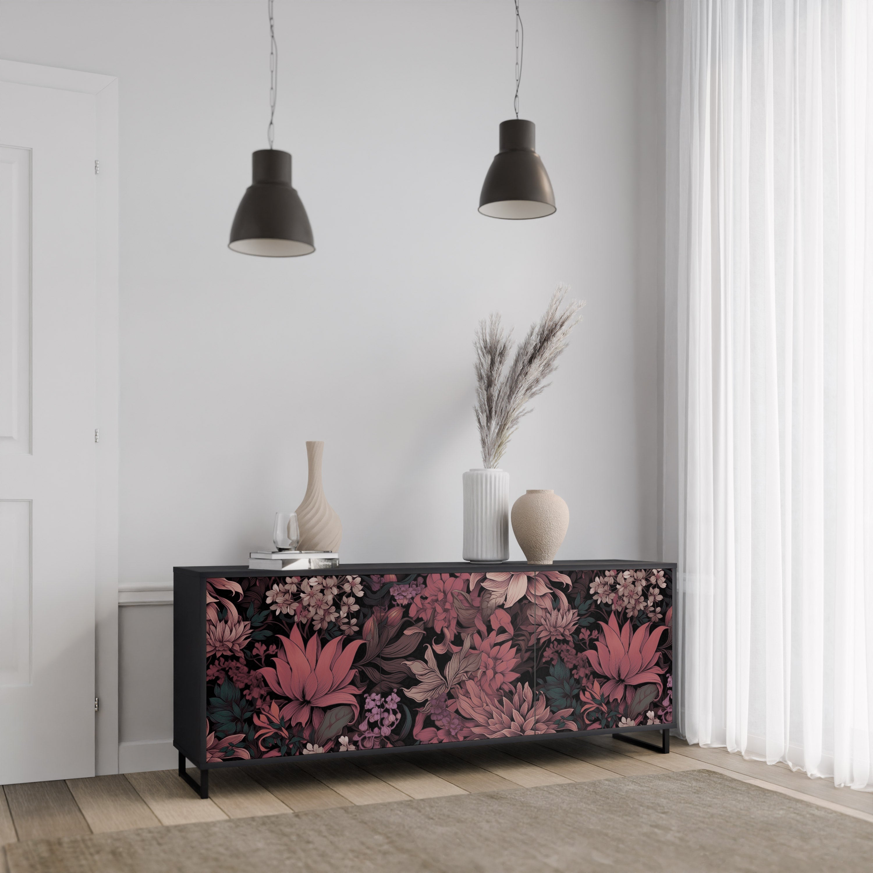 Μπουφές FLORAL WHISPER με 3 πόρτες σε μαύρο φινίρισμα