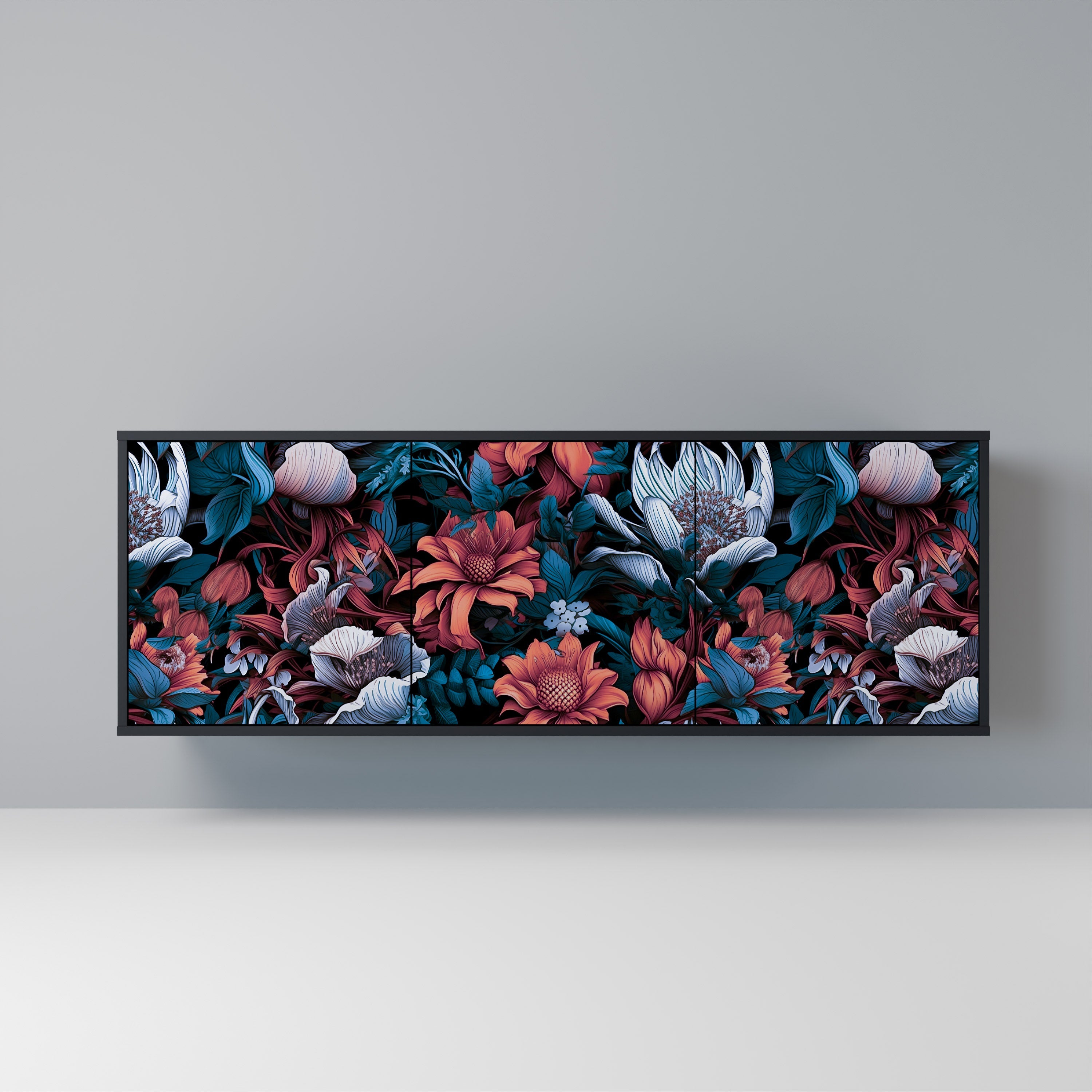 Μπουφές ETHEREAL BLOSSOMS με 3 πόρτες σε μαύρο φινίρισμα