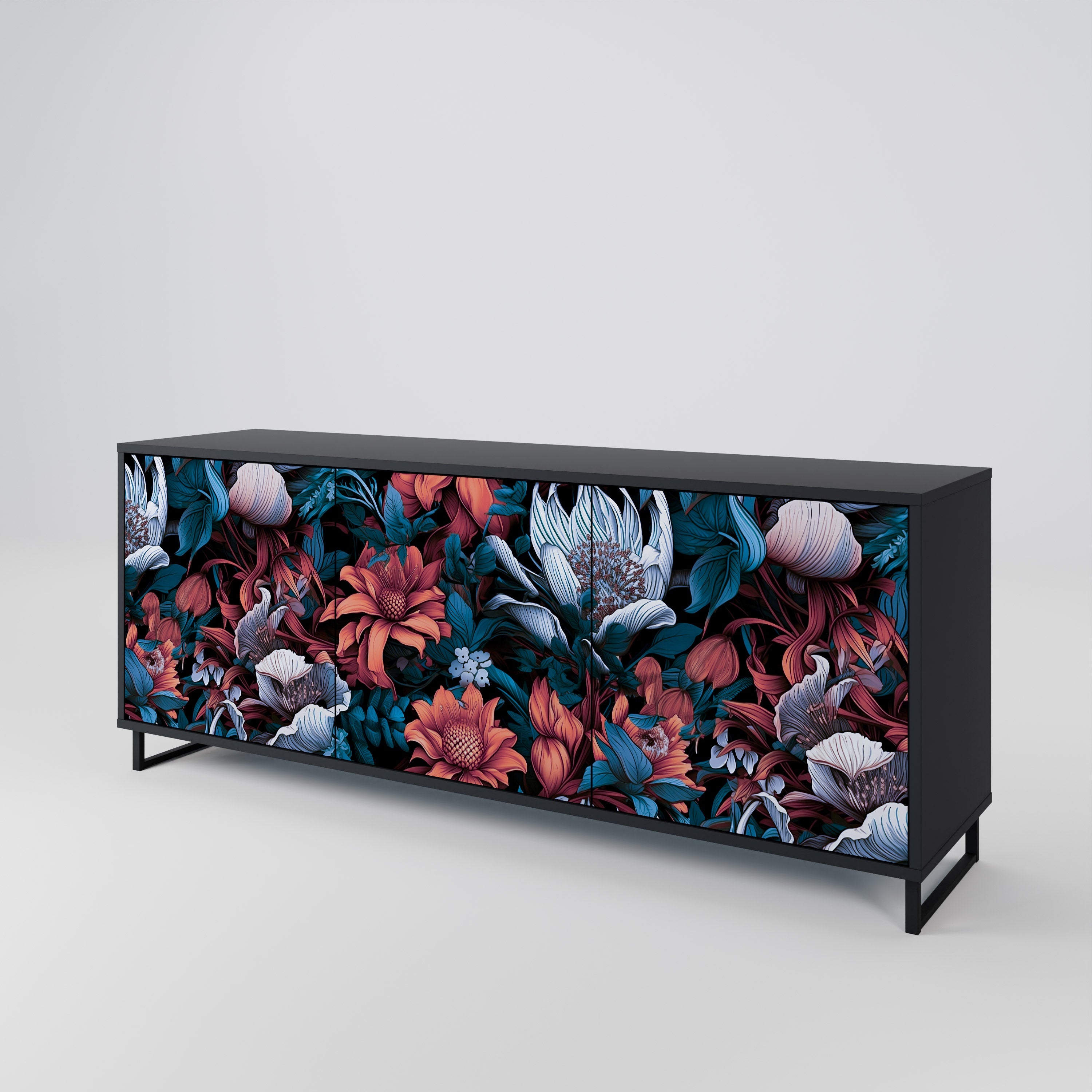Μπουφές ETHEREAL BLOSSOMS με 3 πόρτες σε μαύρο φινίρισμα