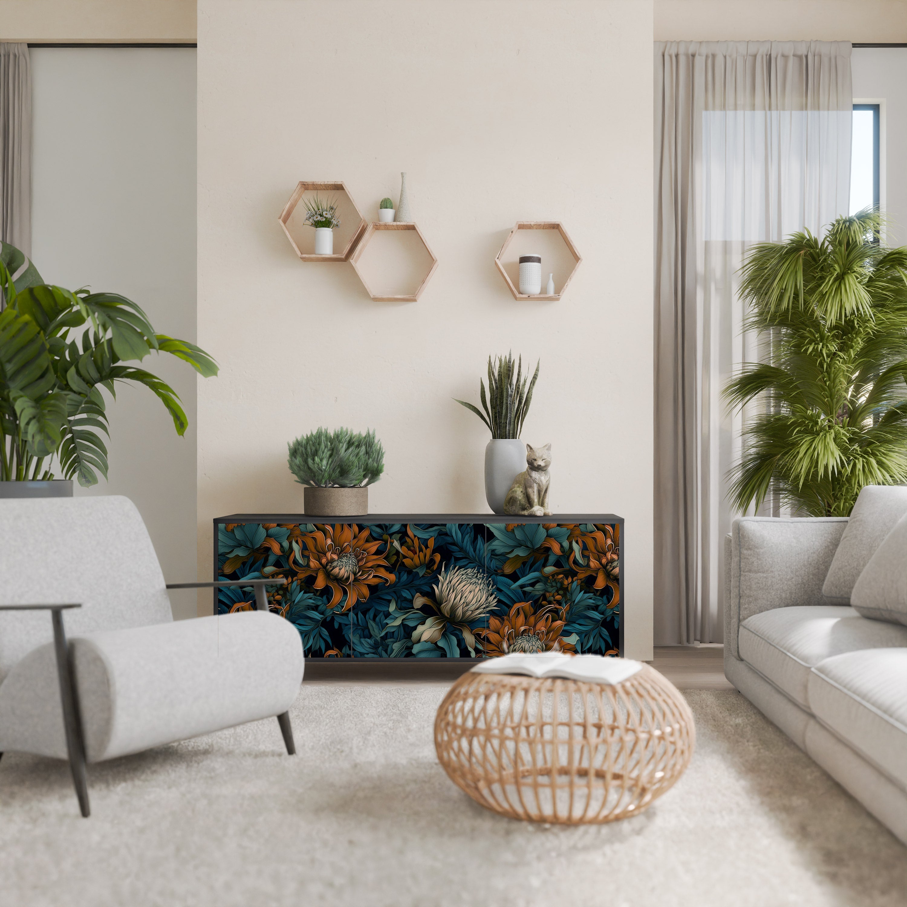 Μπουφές MORNING BLOOM με 3 πόρτες σε μαύρο φινίρισμα