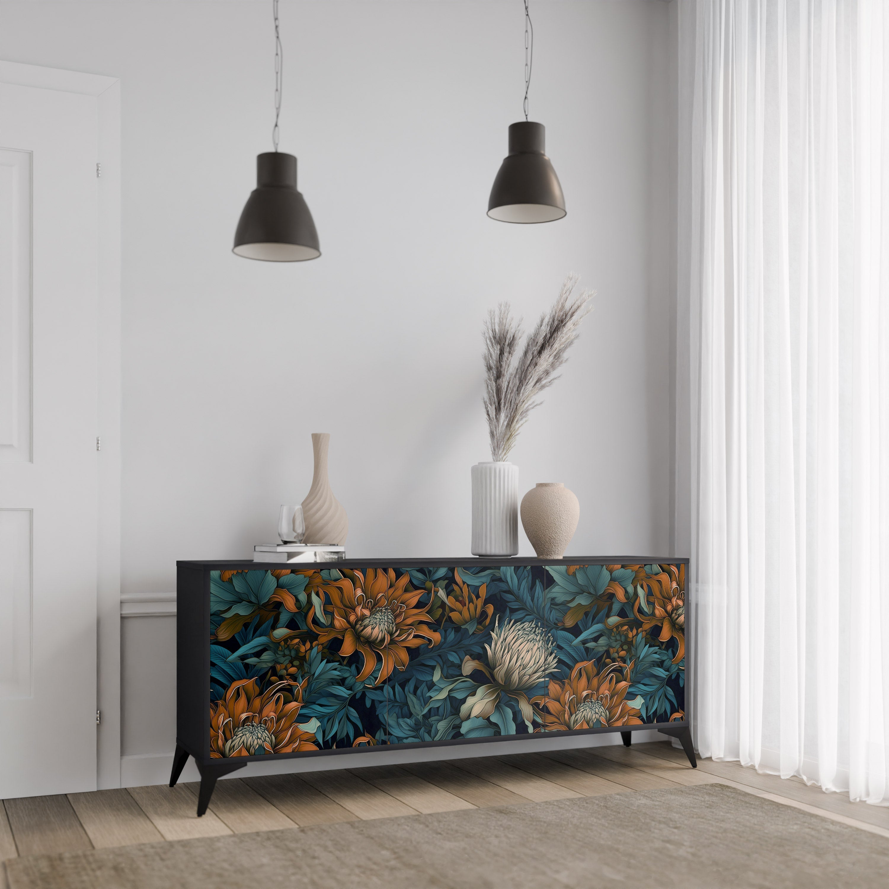Μπουφές MORNING BLOOM με 3 πόρτες σε μαύρο φινίρισμα