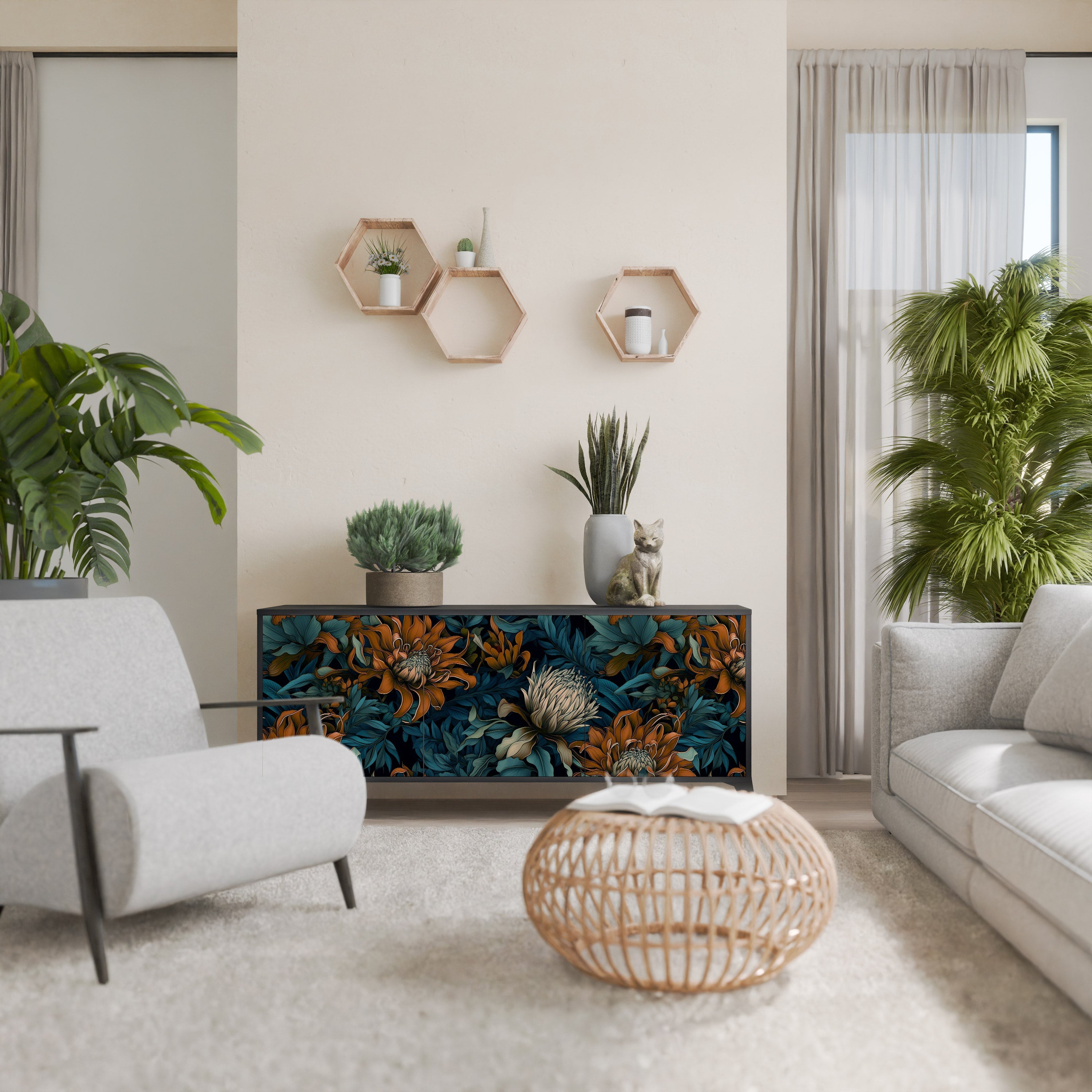 Μπουφές MORNING BLOOM με 3 πόρτες σε μαύρο φινίρισμα
