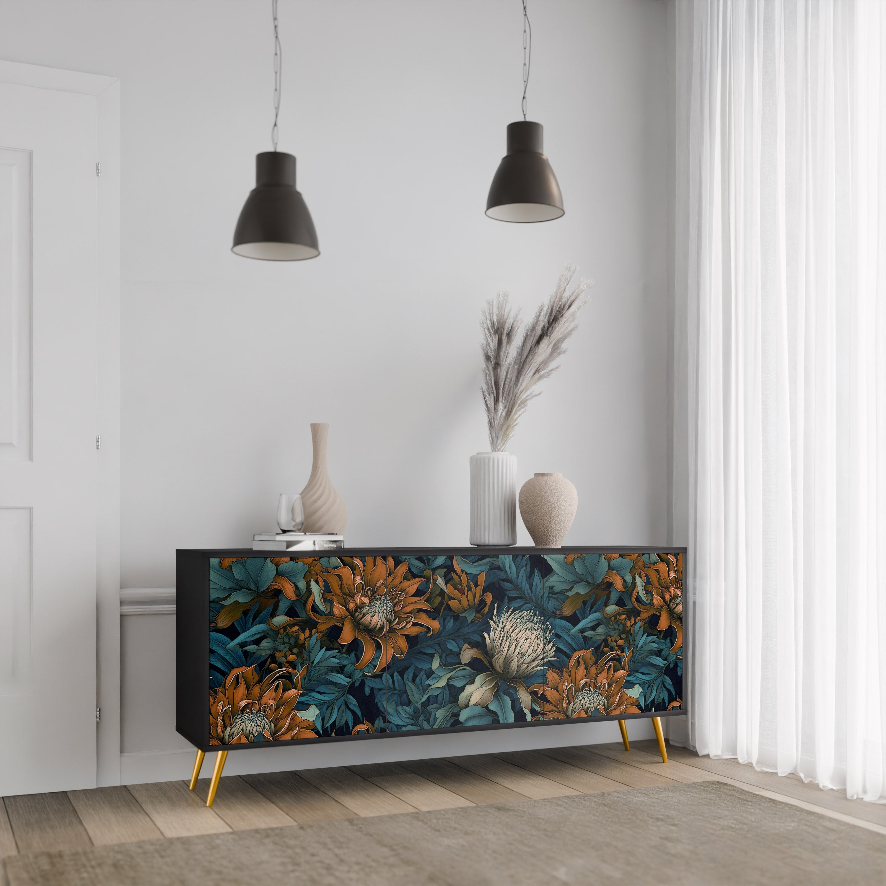 Μπουφές MORNING BLOOM με 3 πόρτες σε μαύρο φινίρισμα