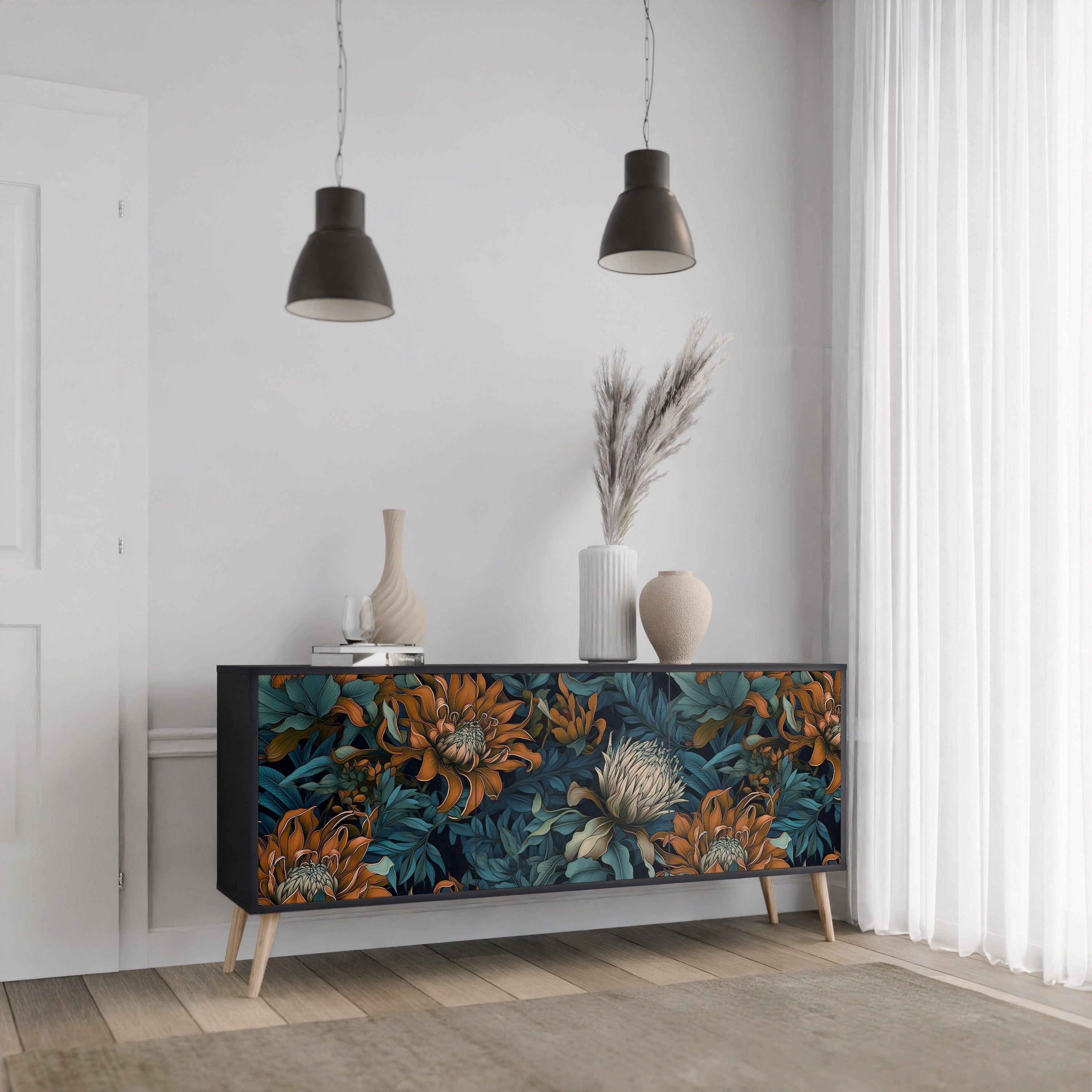 Μπουφές MORNING BLOOM με 3 πόρτες σε μαύρο φινίρισμα