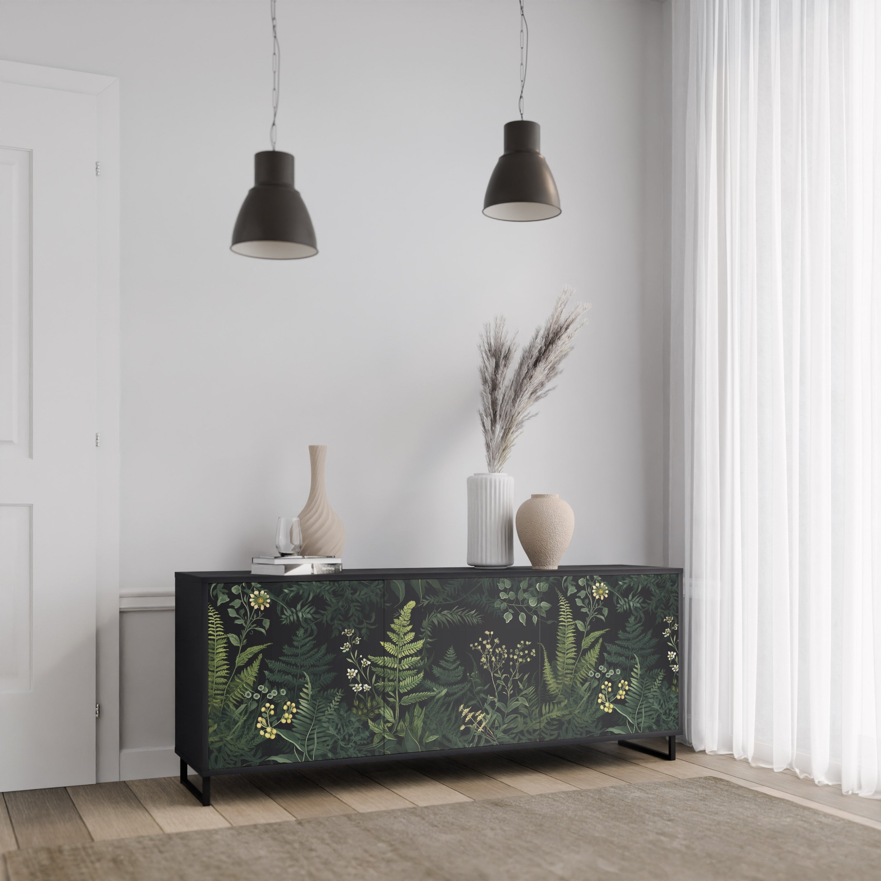 Μπουφές FERN FLOWERS 3θυρο σε μαύρο φινίρισμα