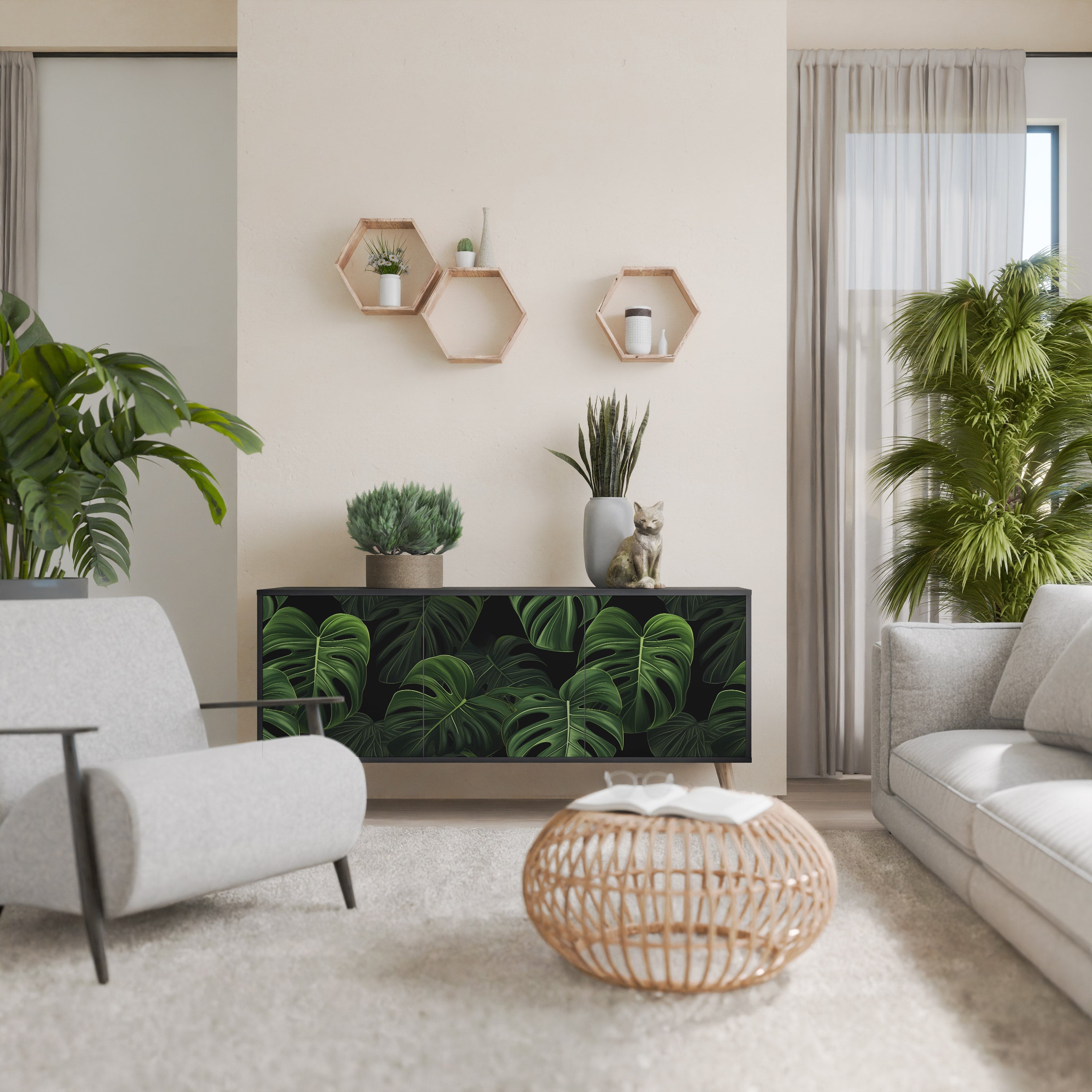 Μπουφές INFINITE MONSTERA με 3 πόρτες σε μαύρο φινίρισμα