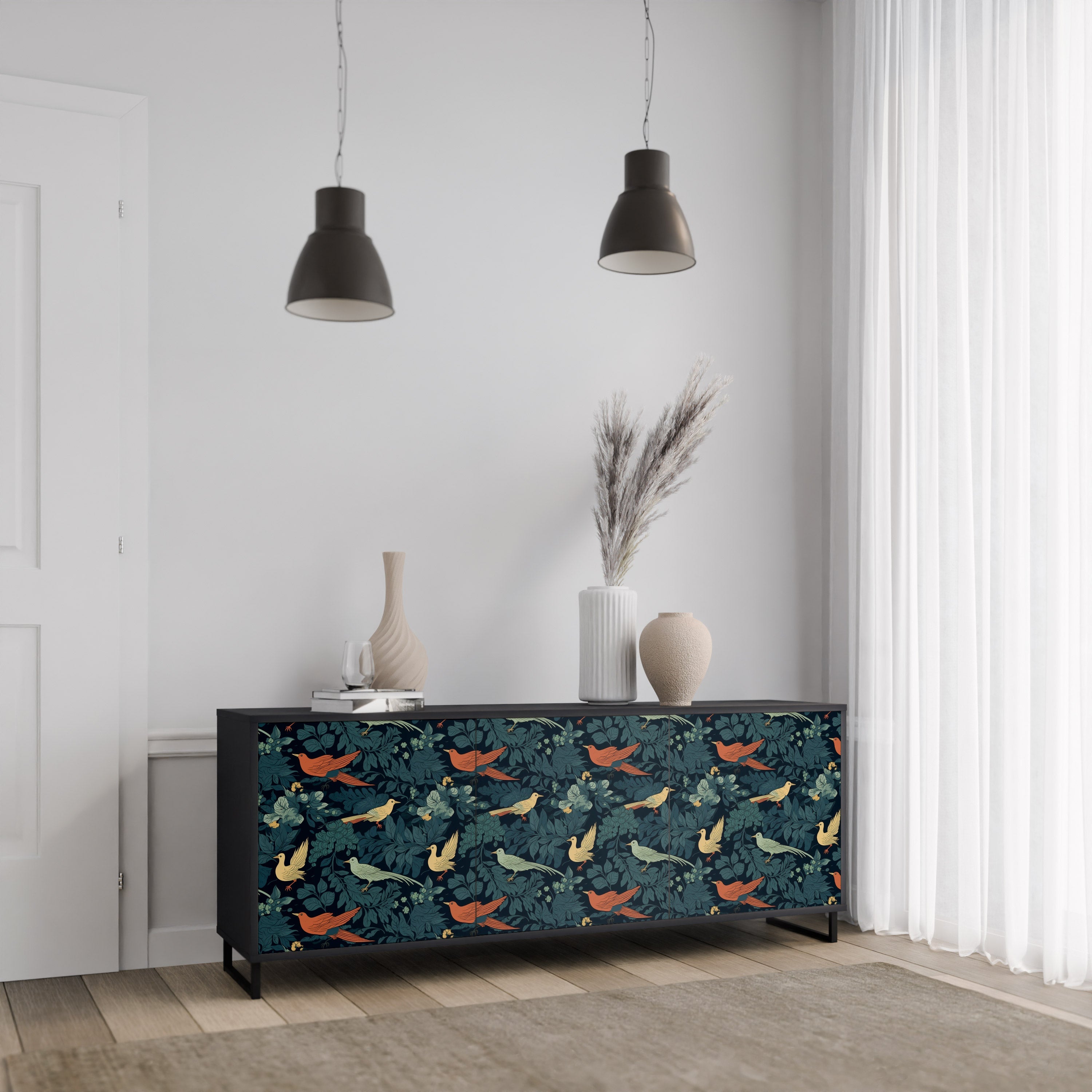 Μπουφές FOWL ORNAMENT με 3 πόρτες σε μαύρο φινίρισμα