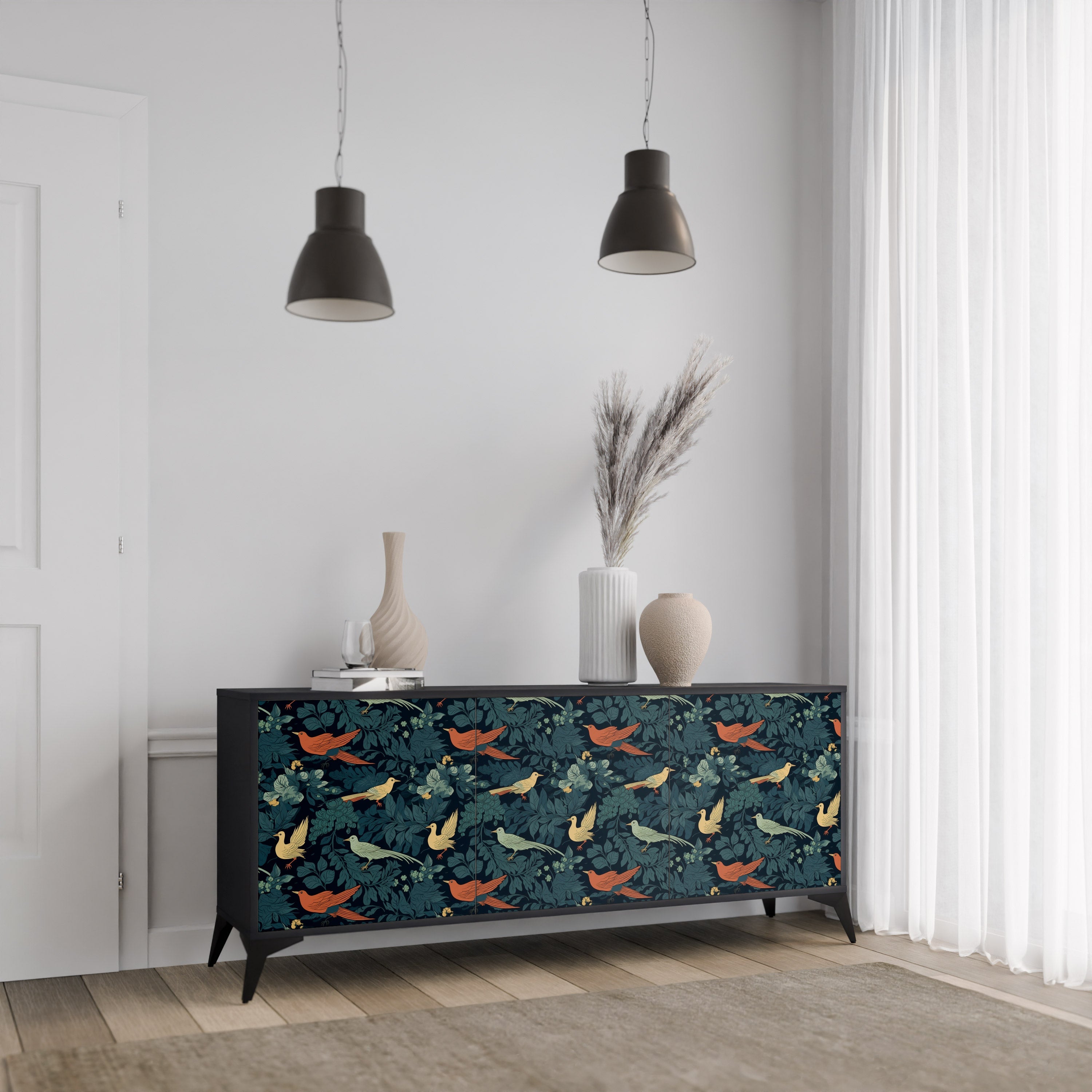 Μπουφές FOWL ORNAMENT με 3 πόρτες σε μαύρο φινίρισμα